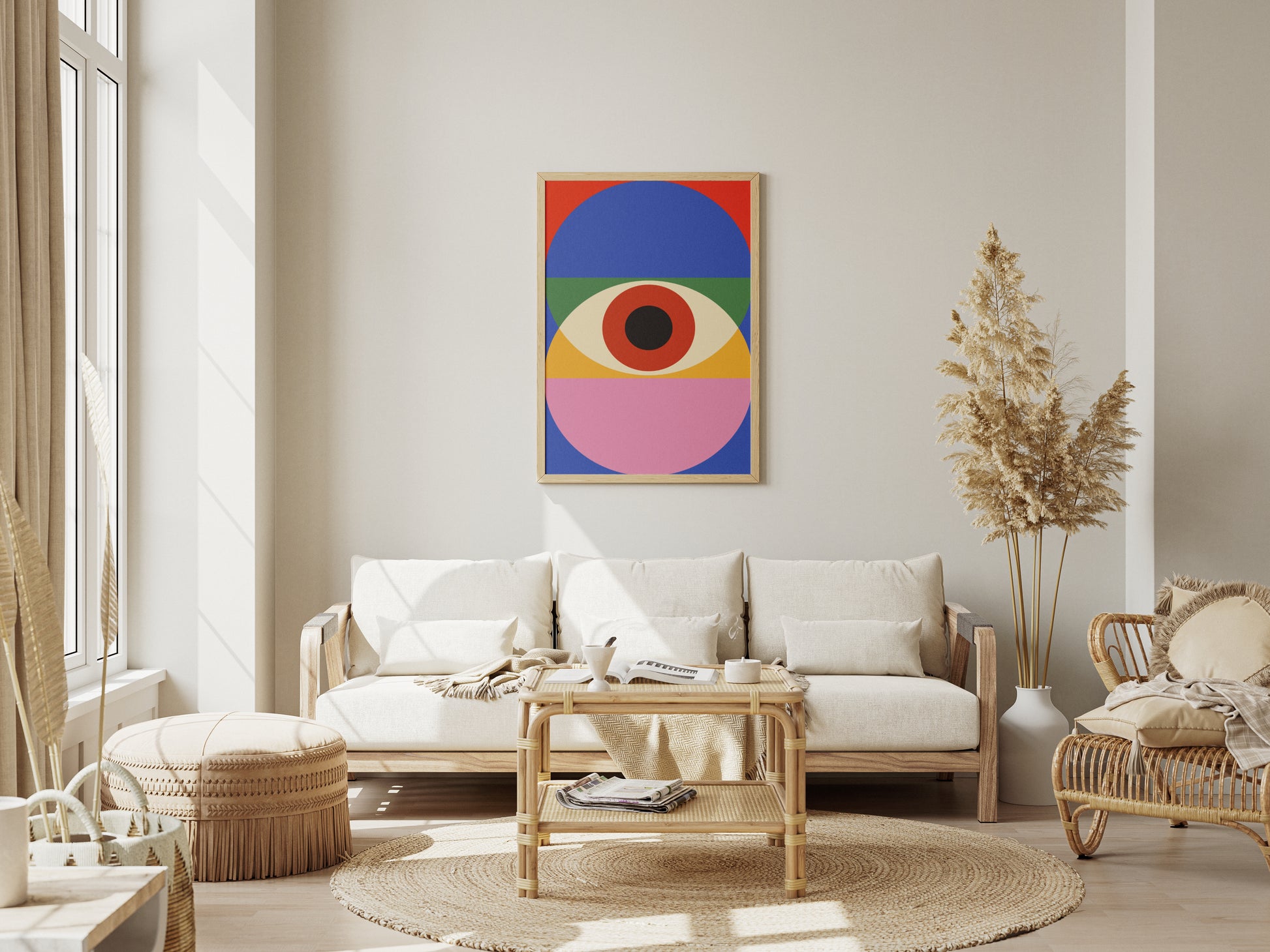 Bauhaus poster, colorful circles on a blue and red background, contemporary art