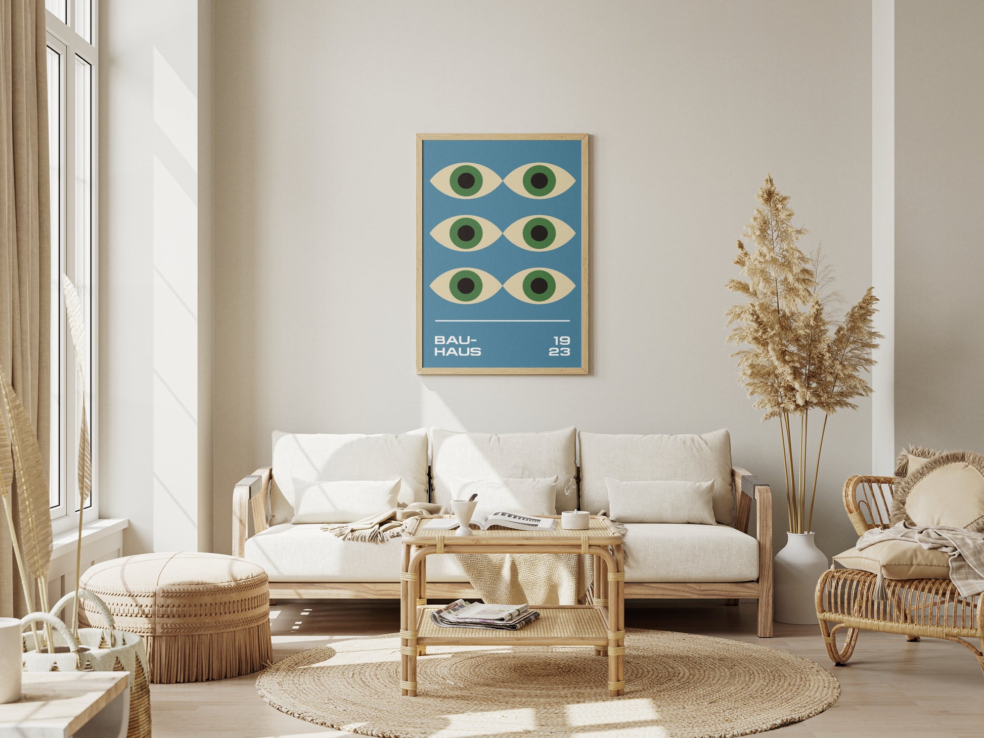 Bauhaus poster – geometric colorful green "Eyes of the Prophet" on blue background, retro, modernism