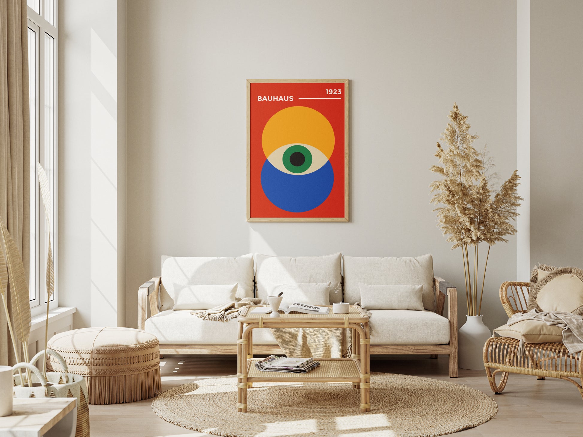 Bauhaus poster - orange and navy blue circles with a green "Eye of the Prophet" on a red background