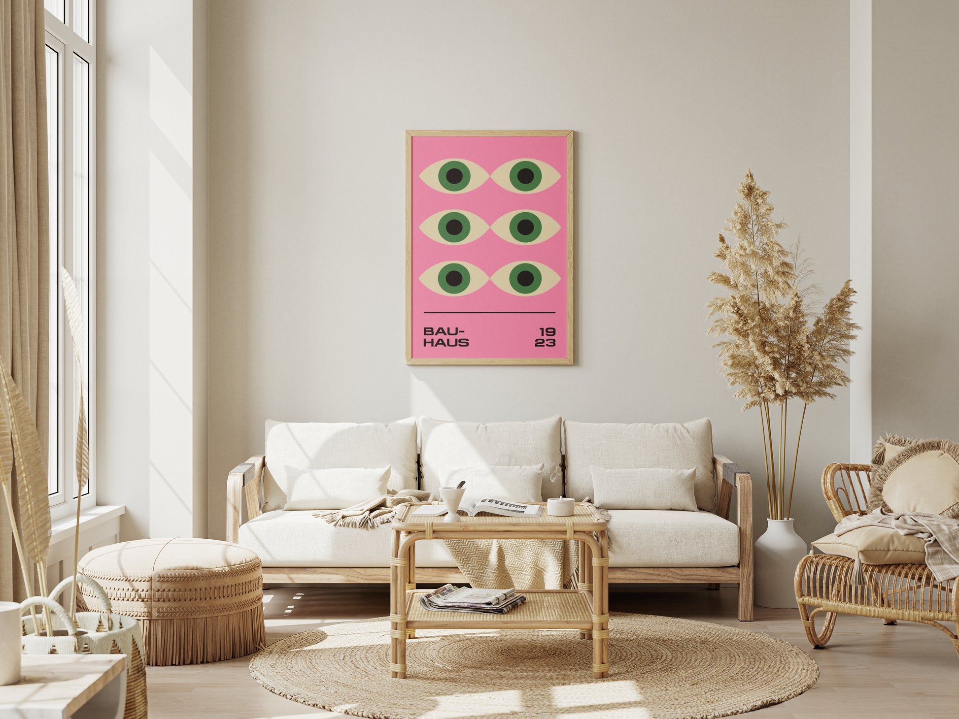 Bauhaus Poster – Geometric Green Eyes on a Pink Background, Retro