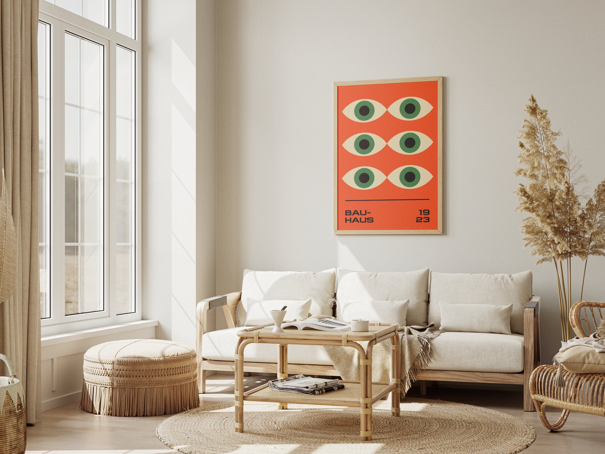 Bauhaus poster green eyes on orange background, modernism, retro