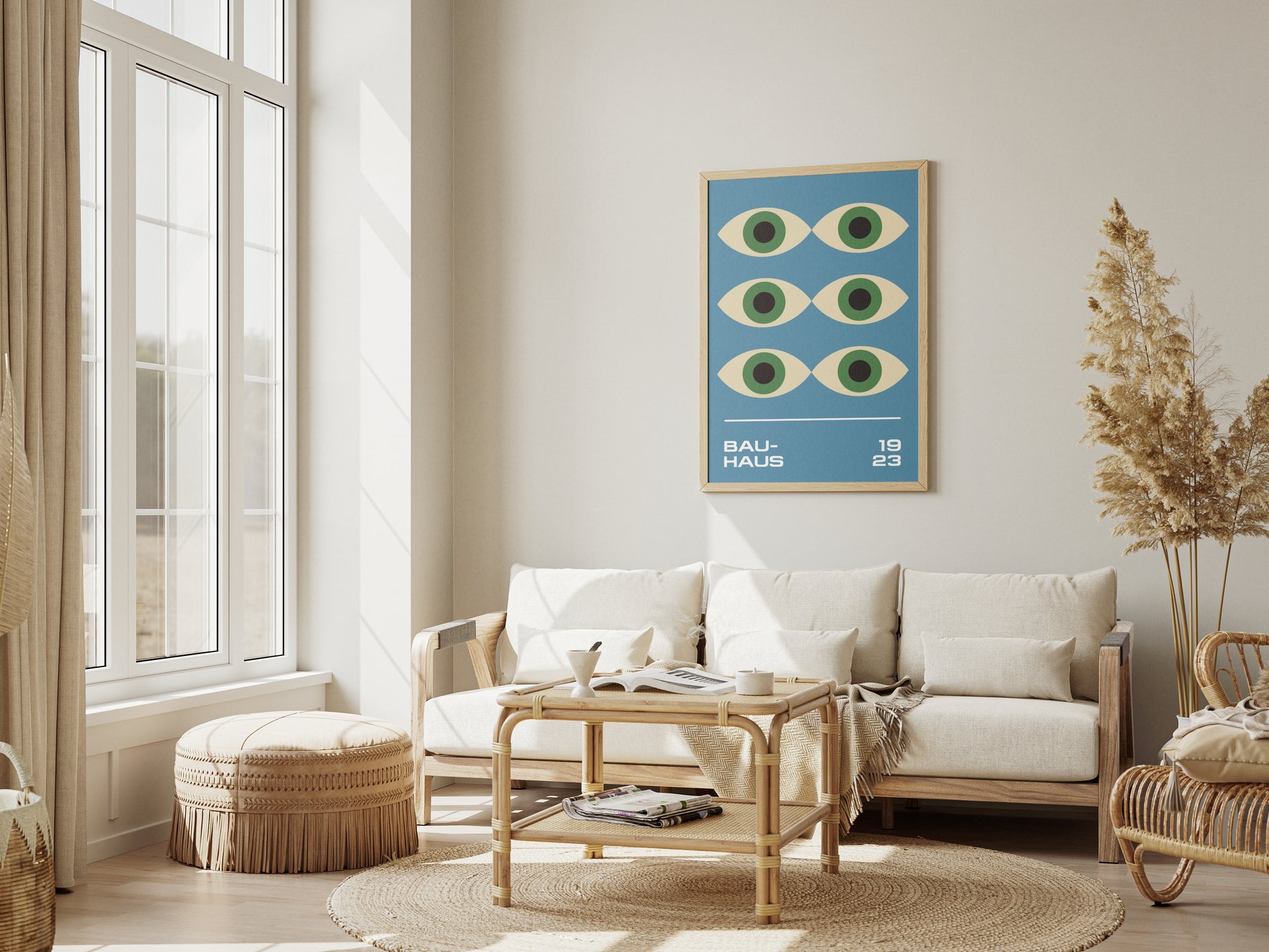 Bauhaus poster – geometric colorful green "Eyes of the Prophet" on blue background, retro, modernism