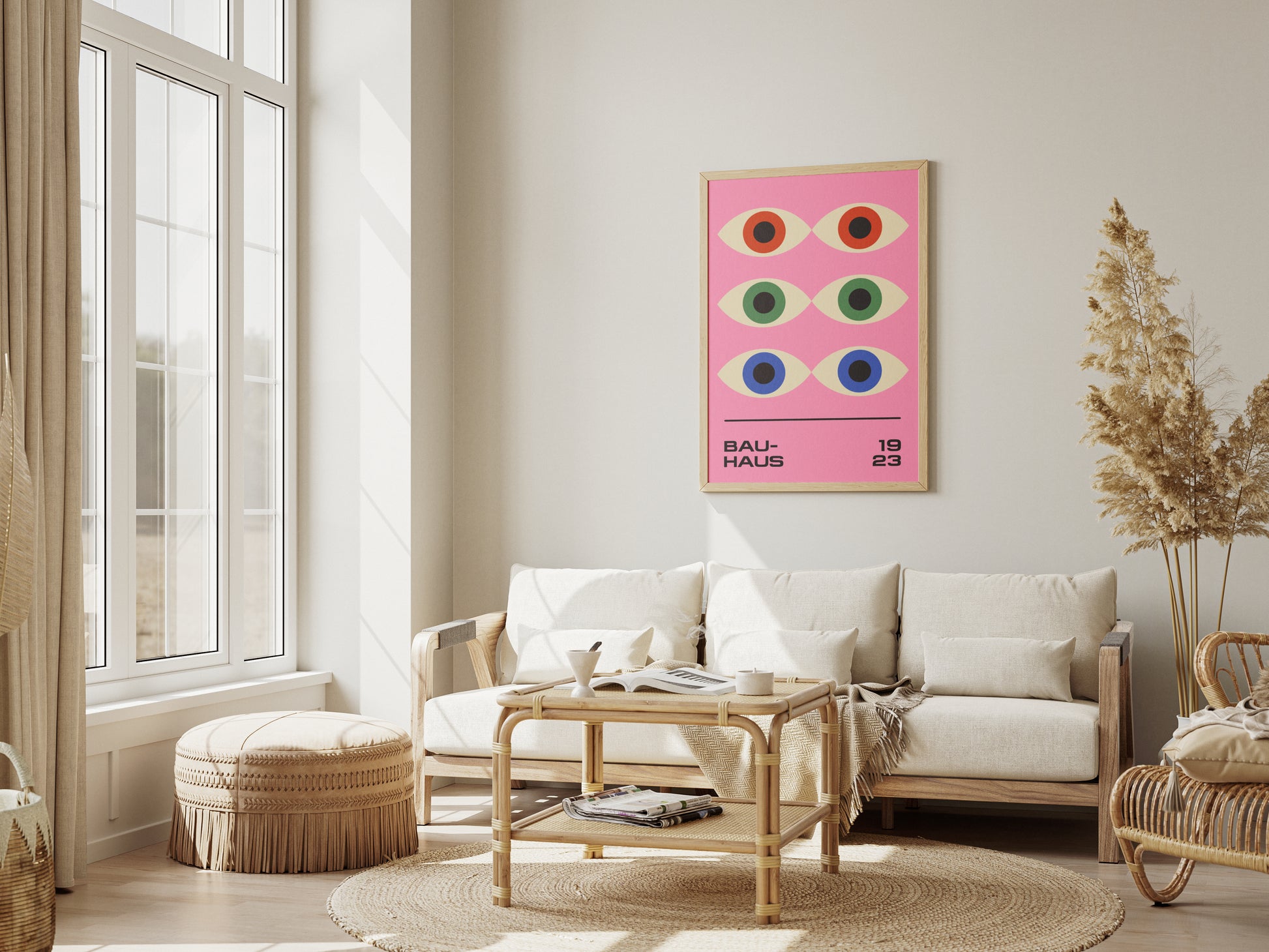 Bauhaus Poster – Geometric colorful Prophet Eyes on a pink background, retro, modernism.