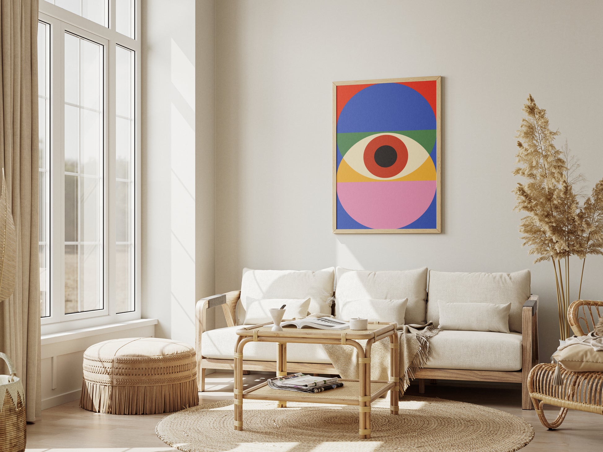 Bauhaus poster, colorful circles on a blue and red background, contemporary art