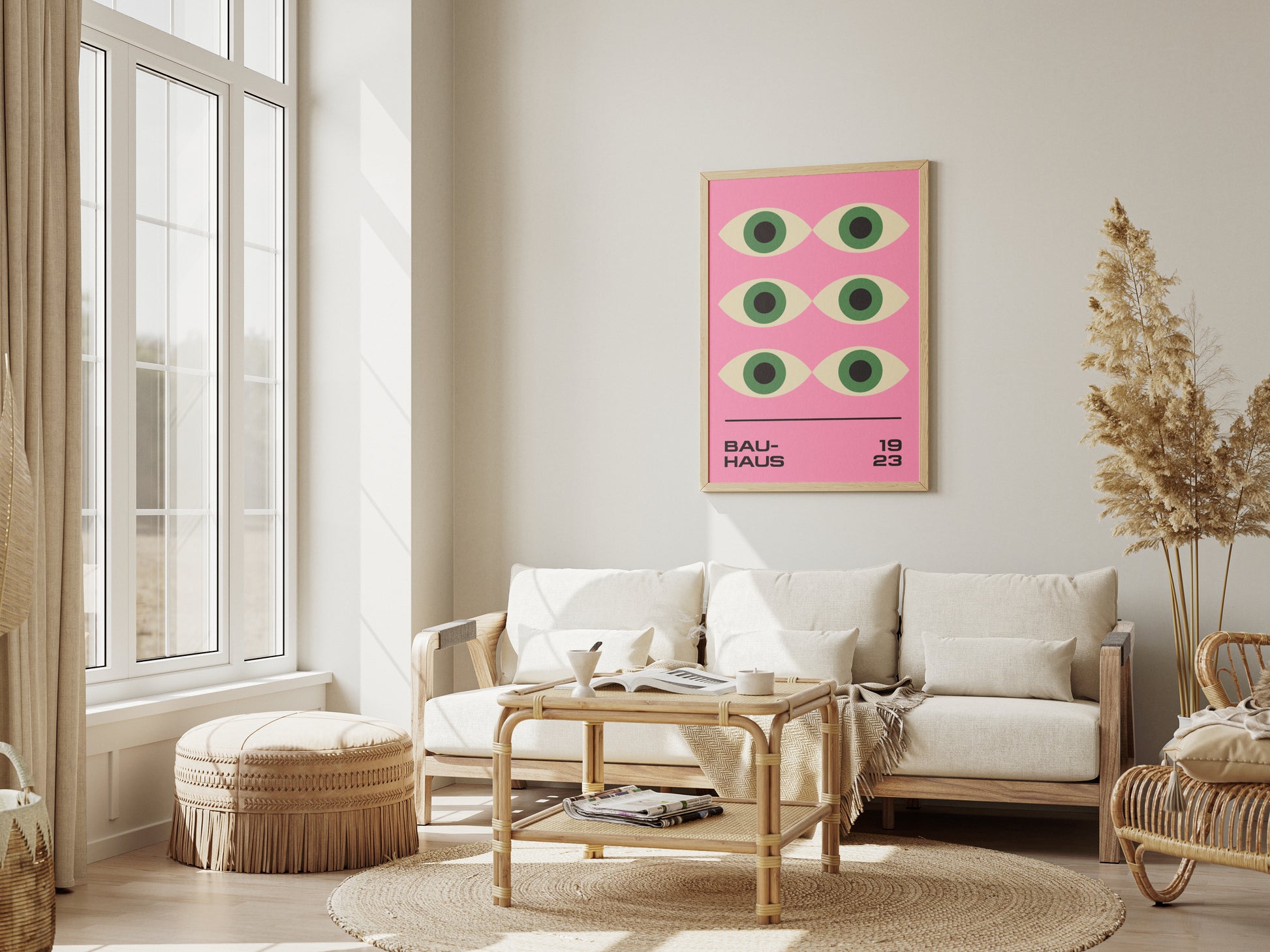 Bauhaus Poster – Geometric Green Eyes on a Pink Background, Retro