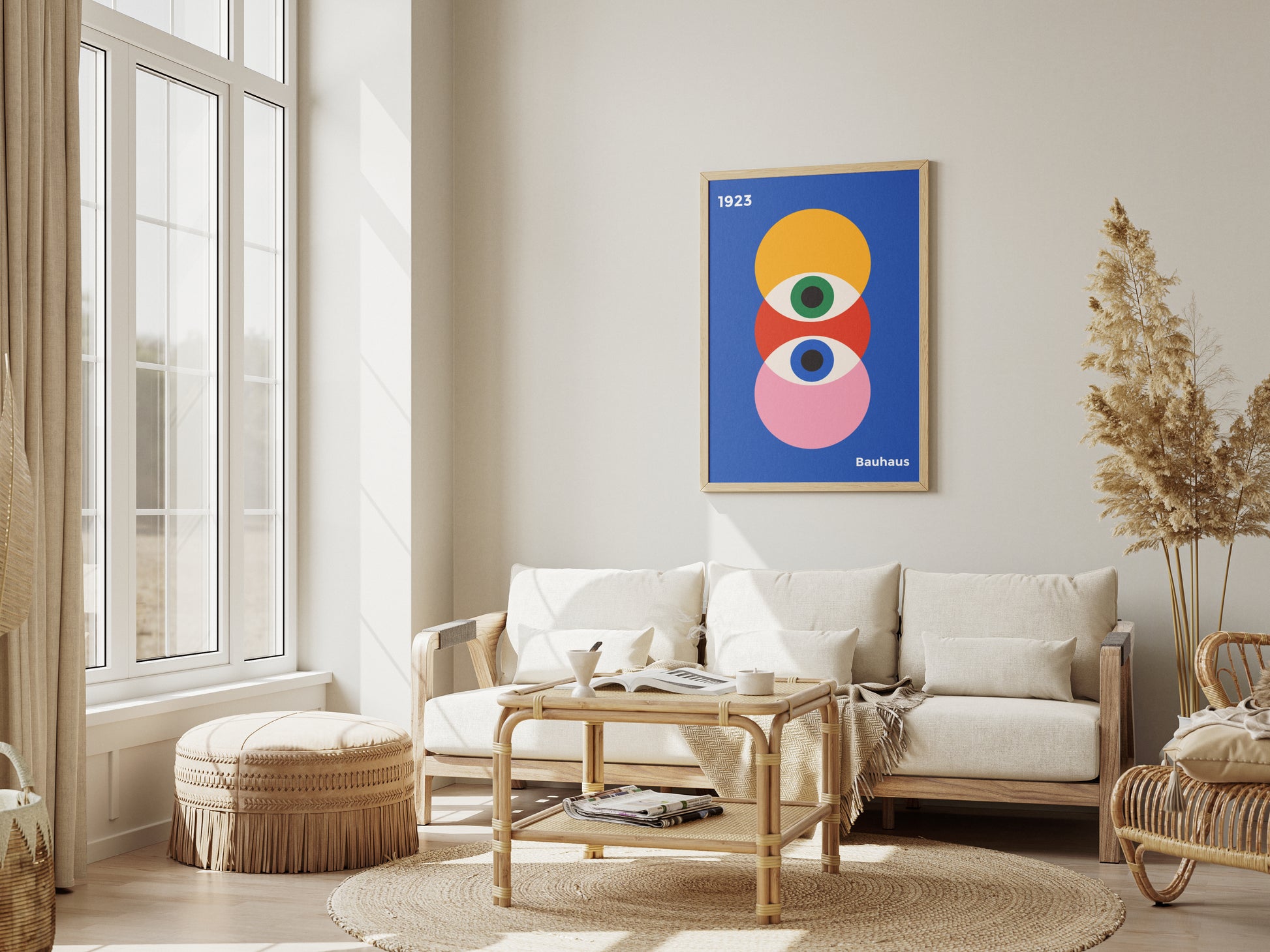 Bauhaus poster with colorful circles on a navy blue background with prophet eyes