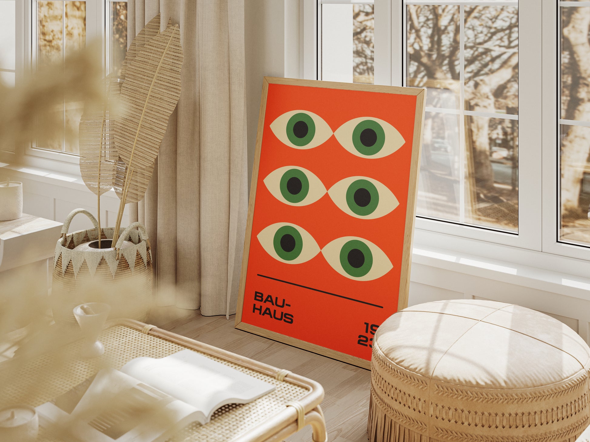 Bauhaus poster green eyes on orange background, modernism, retro