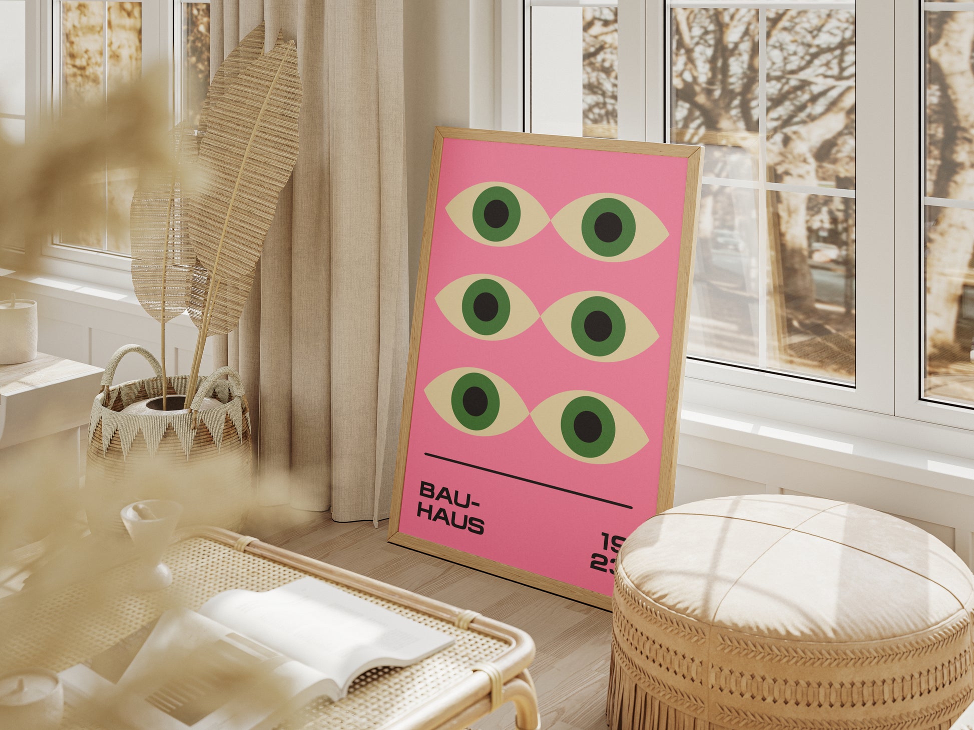 Bauhaus Poster – Geometric Green Eyes on a Pink Background, Retro