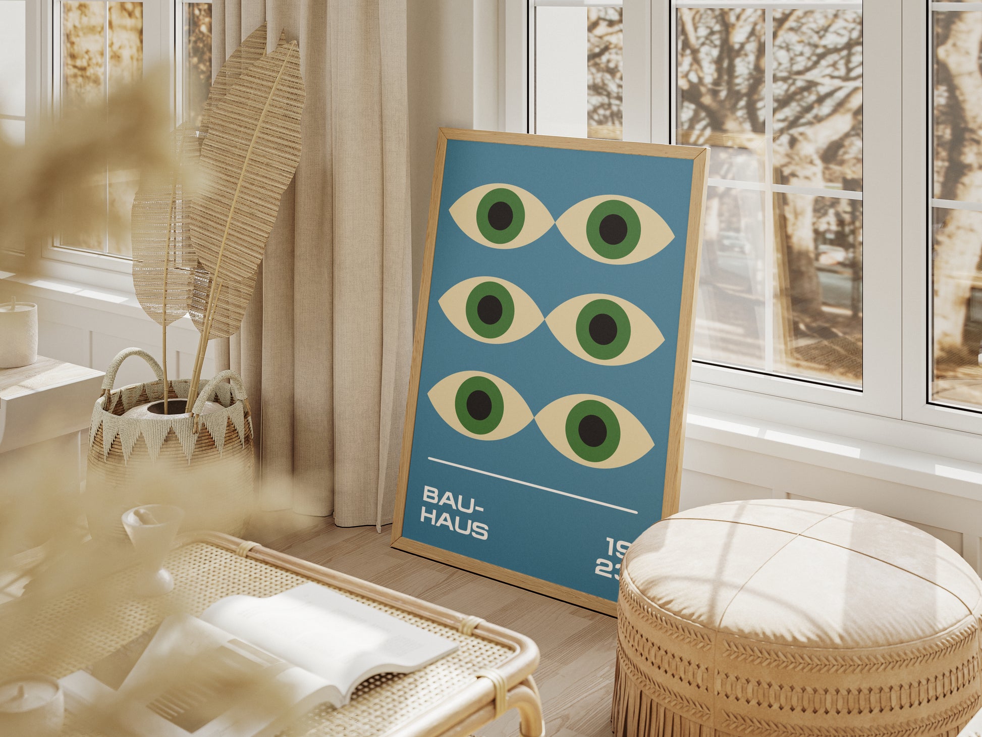 Bauhaus poster – geometric colorful green "Eyes of the Prophet" on blue background, retro, modernism