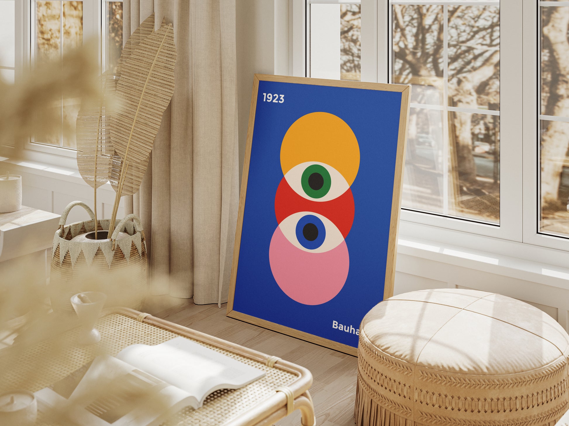 Bauhaus poster with colorful circles on a navy blue background with prophet eyes