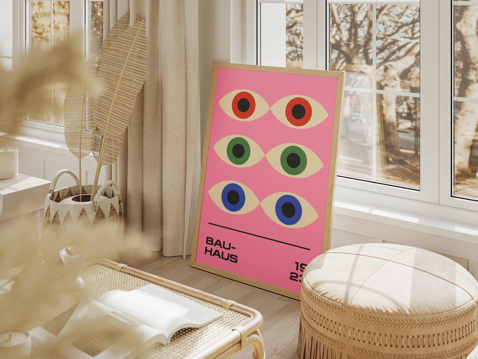 Bauhaus Poster – Geometric colorful Prophet Eyes on a pink background, retro, modernism.
