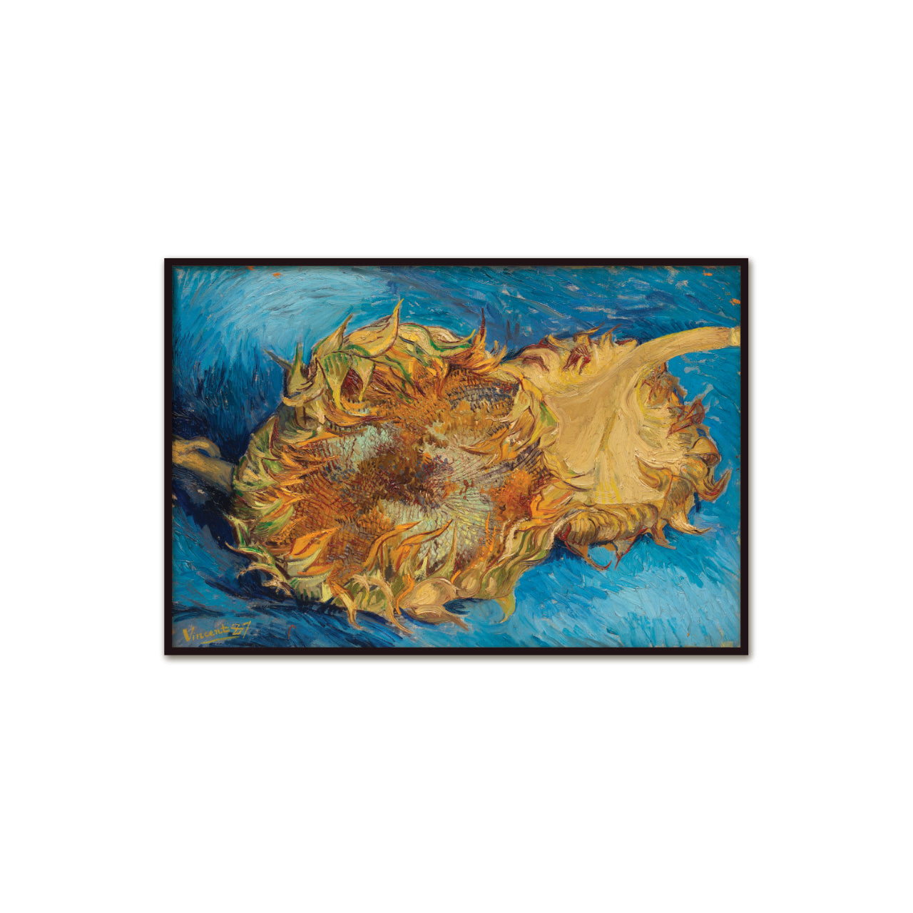 Vincent Van Gogh poster - sunflower on a blue background, vintage