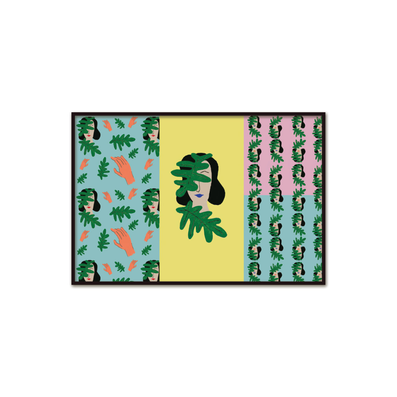 Poster of a woman's face in leaves in boho style.