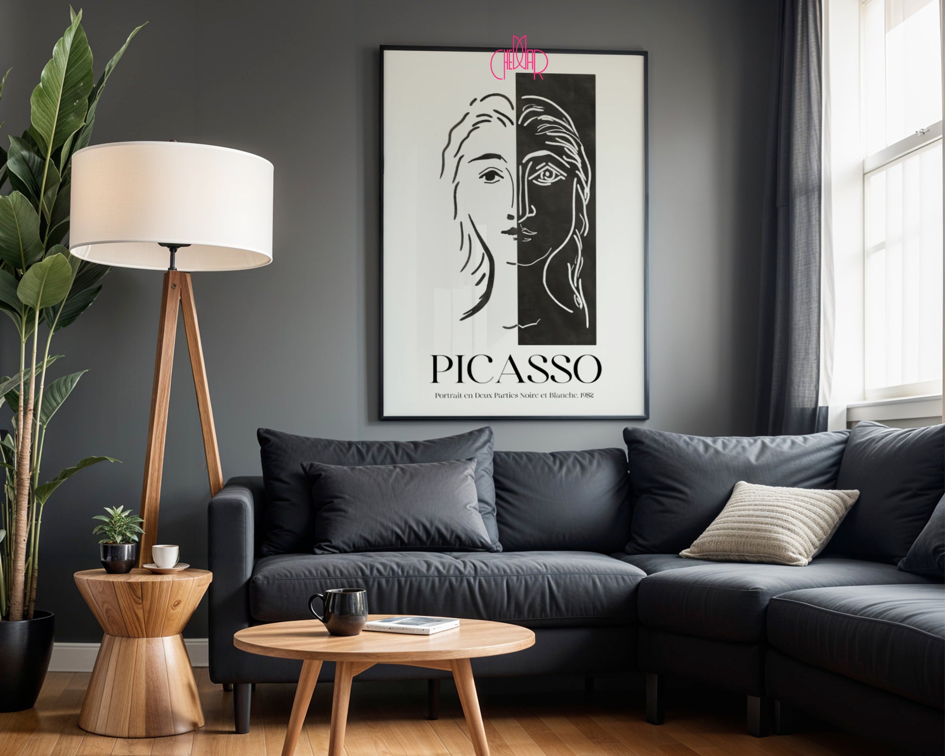 Picasso – Portrait en Deux Parties Noire et Blanche (1982) | Line Art Gallery Poster
