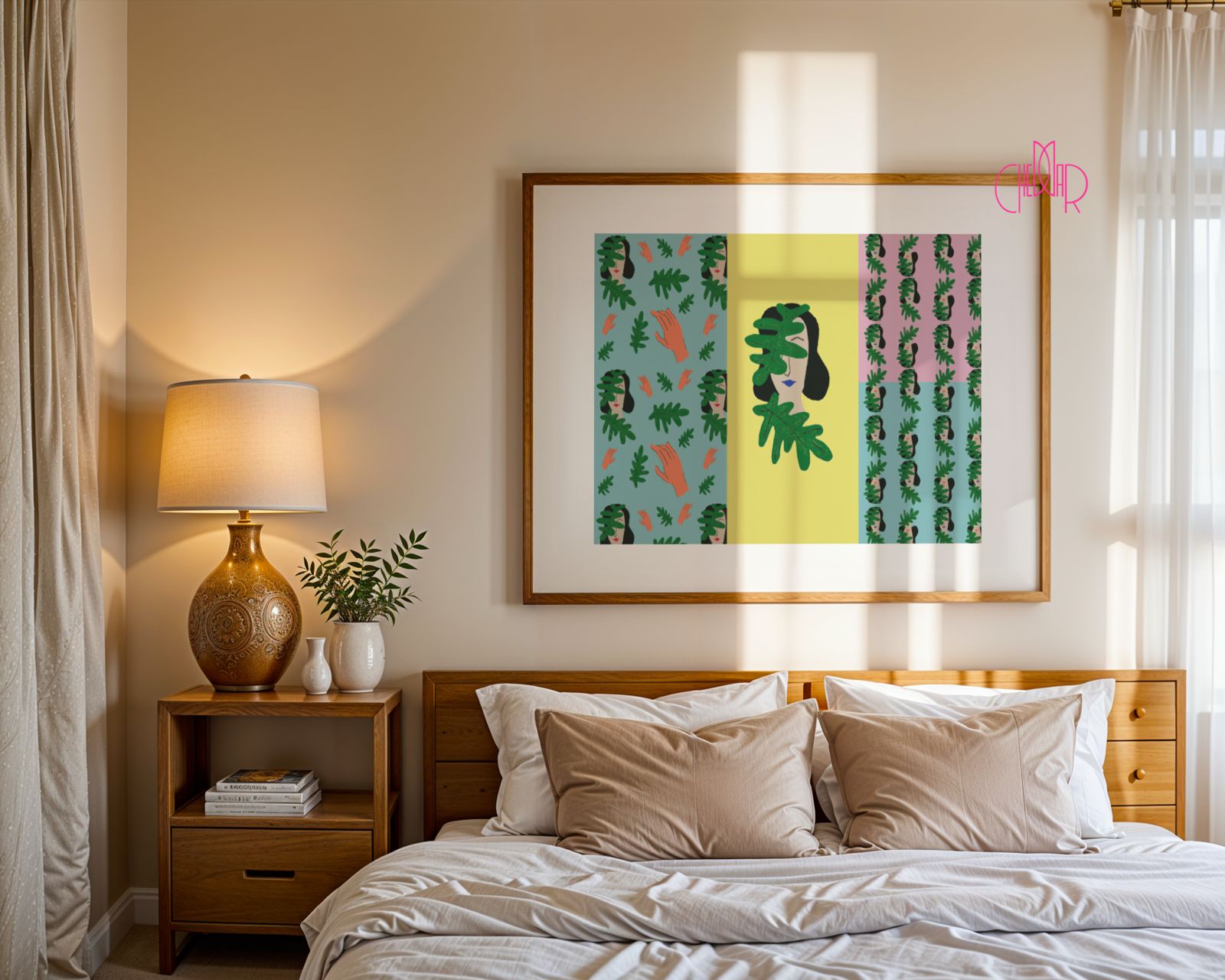 Poster of a woman's face in leaves in boho style.