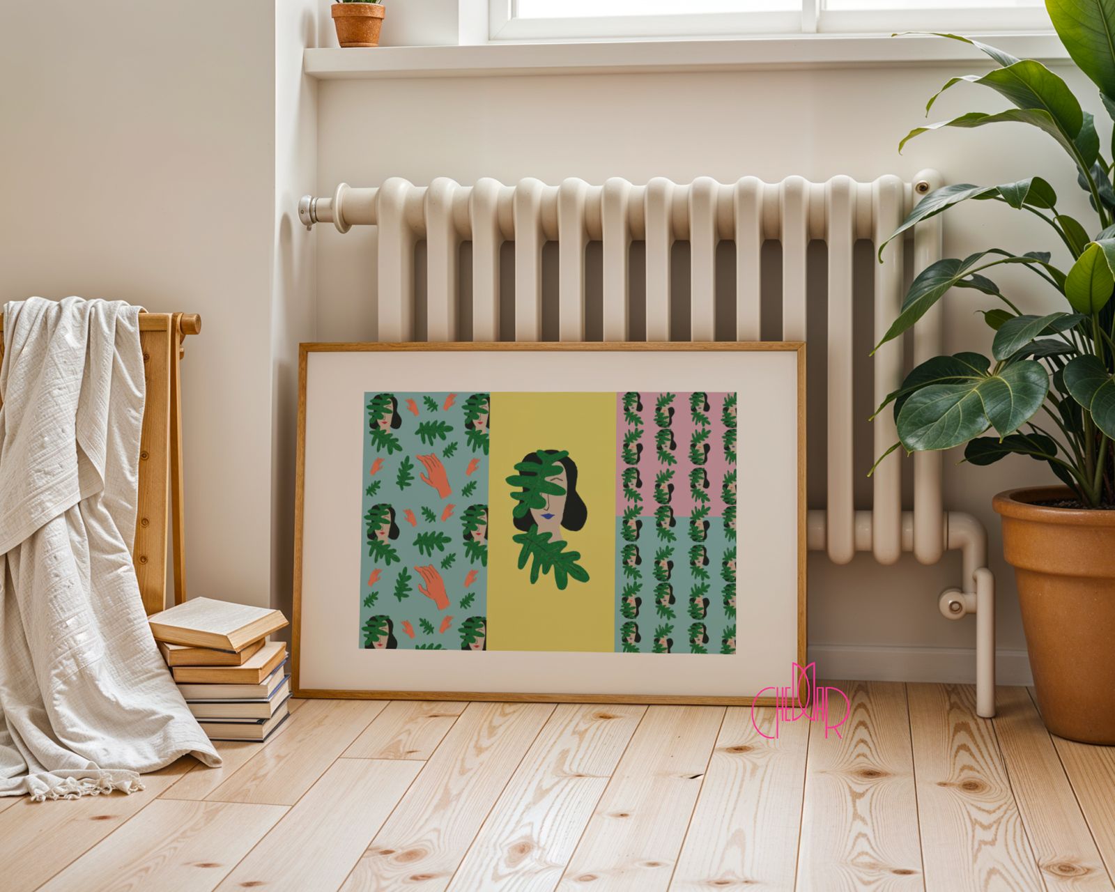Poster of a woman's face in leaves in boho style.