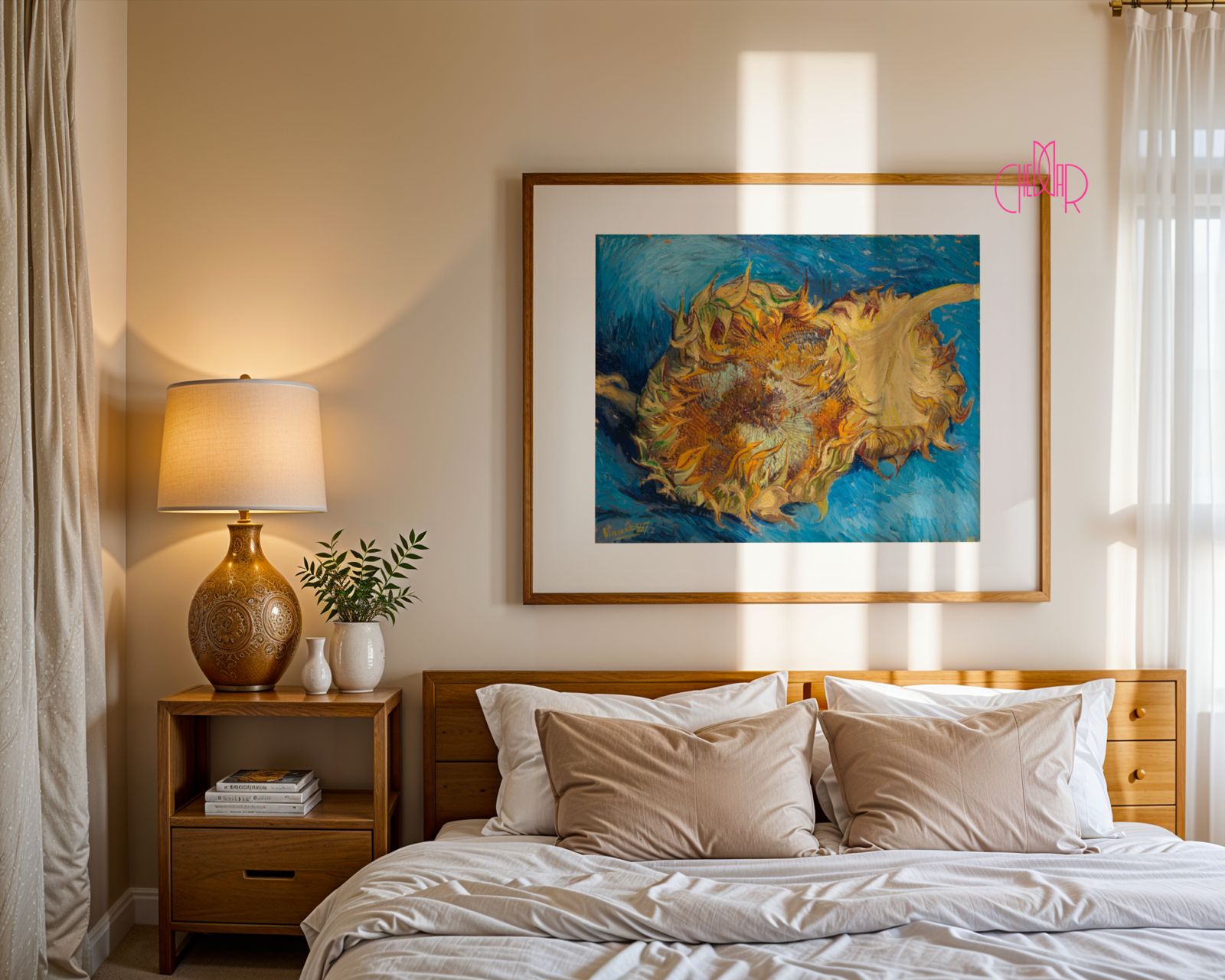 Vincent Van Gogh poster - sunflower on a blue background, vintage