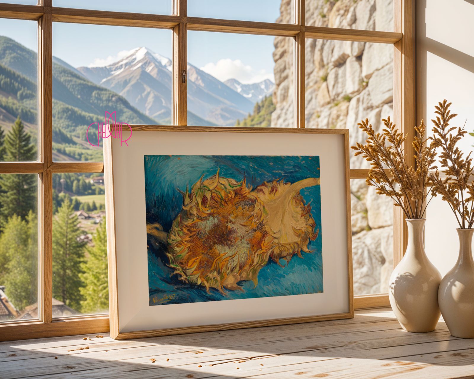 Vincent Van Gogh poster - sunflower on a blue background, vintage