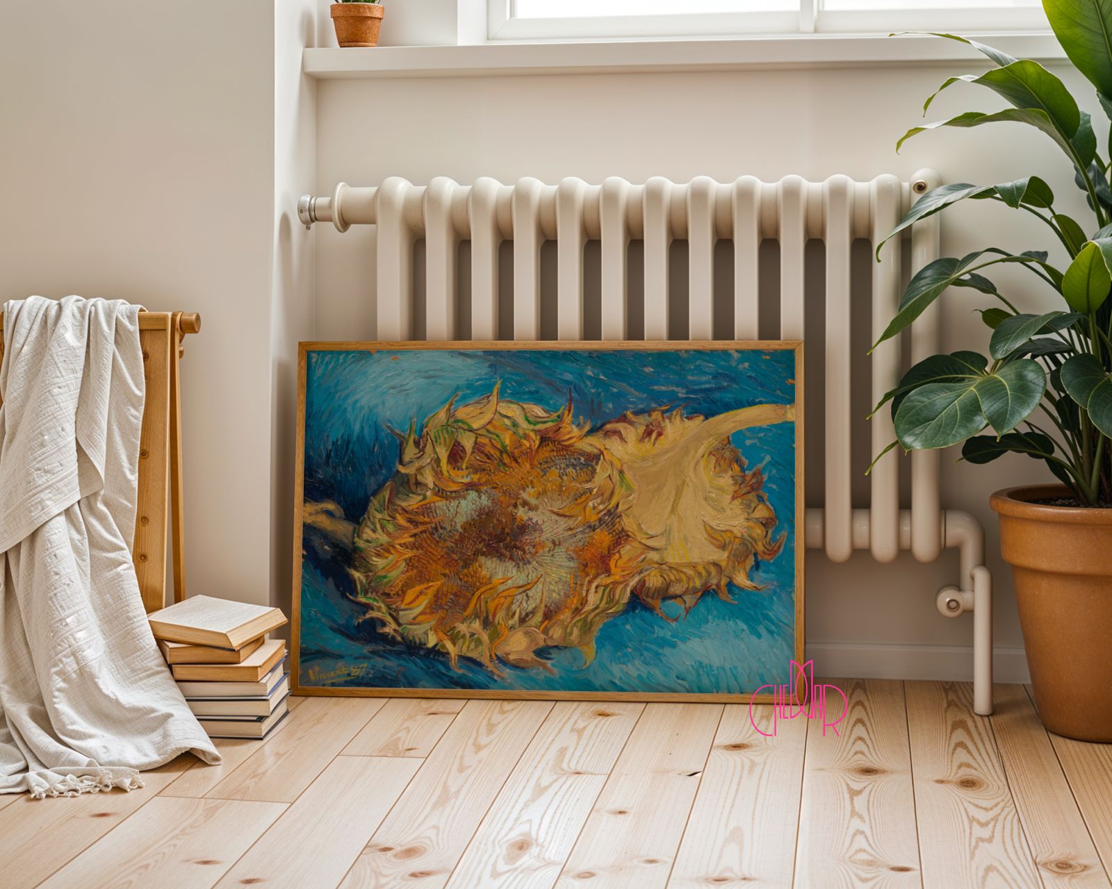 Vincent Van Gogh poster - sunflower on a blue background, vintage