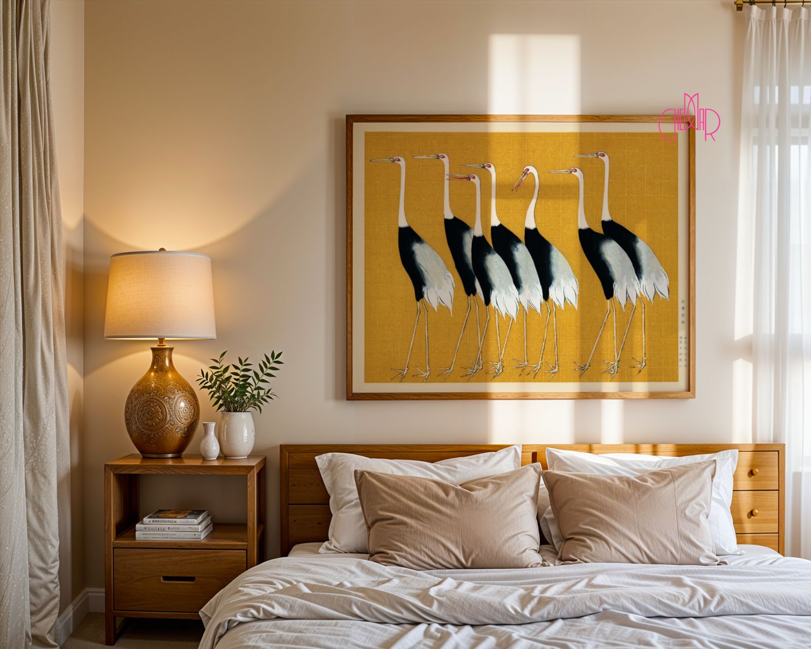 Poster Cranes on a yellow background, Japanese art, vintage, horizontal