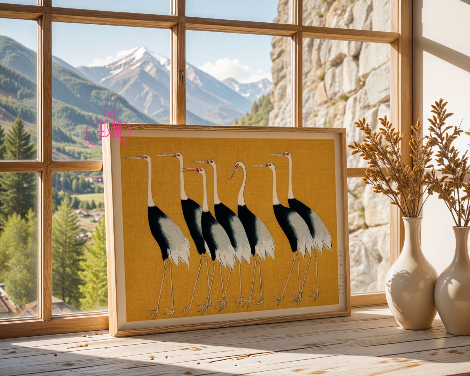 Poster Cranes on a yellow background, Japanese art, vintage, horizontal