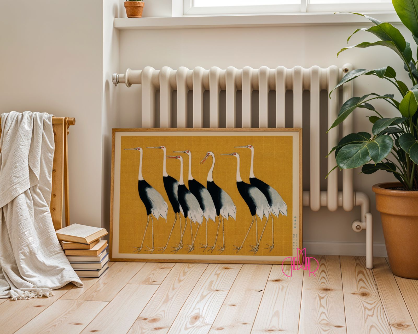 Poster Cranes on a yellow background, Japanese art, vintage, horizontal