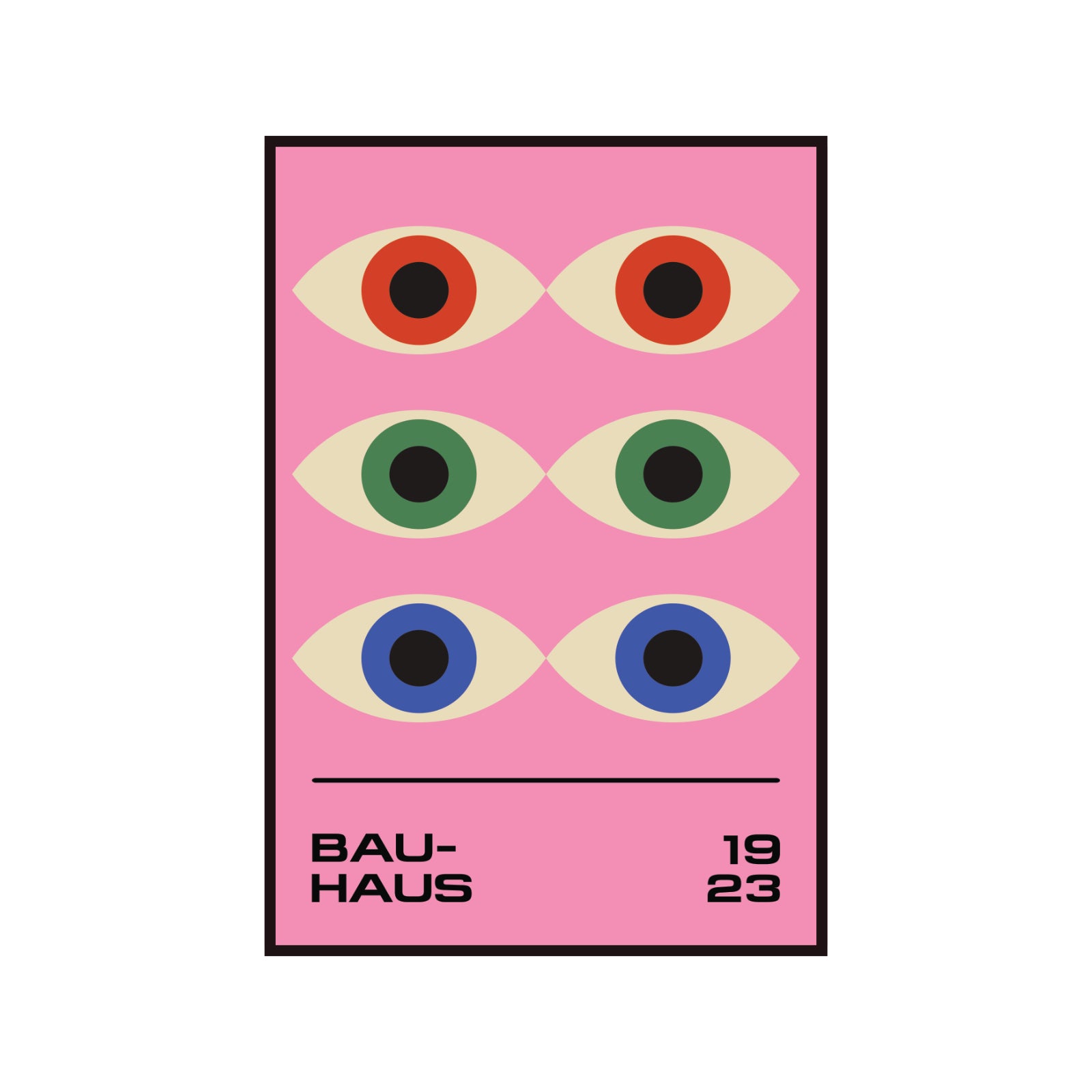Bauhaus Poster – Geometric colorful Prophet Eyes on a pink background, retro, modernism.