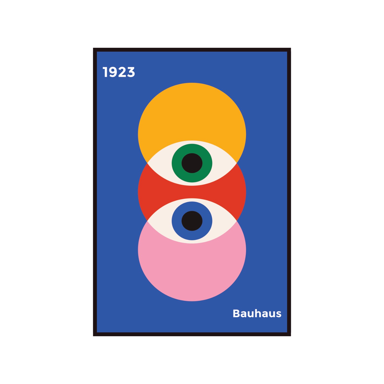 Bauhaus poster with colorful circles on a navy blue background with prophet eyes