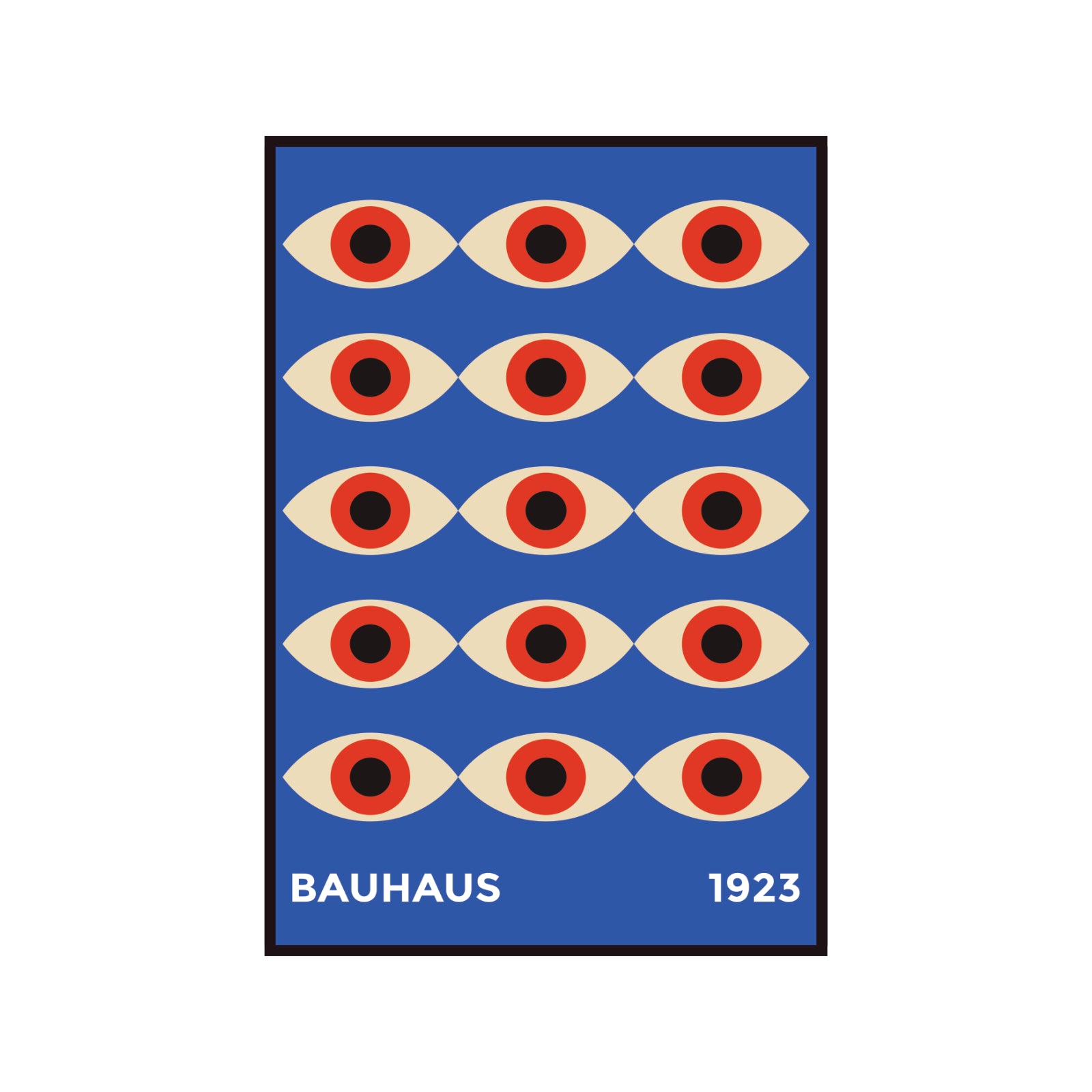 Bauhaus poster red "Eyes of the Prophet" on a navy blue background, modernism