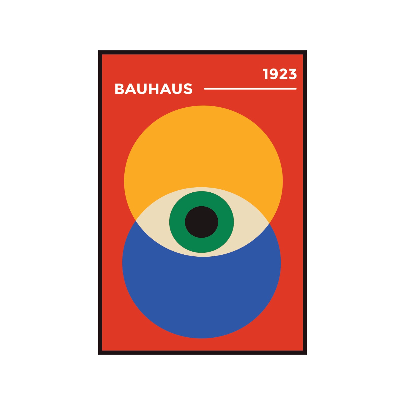 Bauhaus poster - orange and navy blue circles with a green "Eye of the Prophet" on a red background