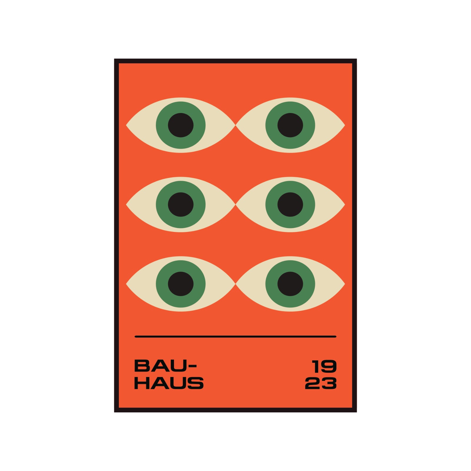 Bauhaus poster green eyes on orange background, modernism, retro