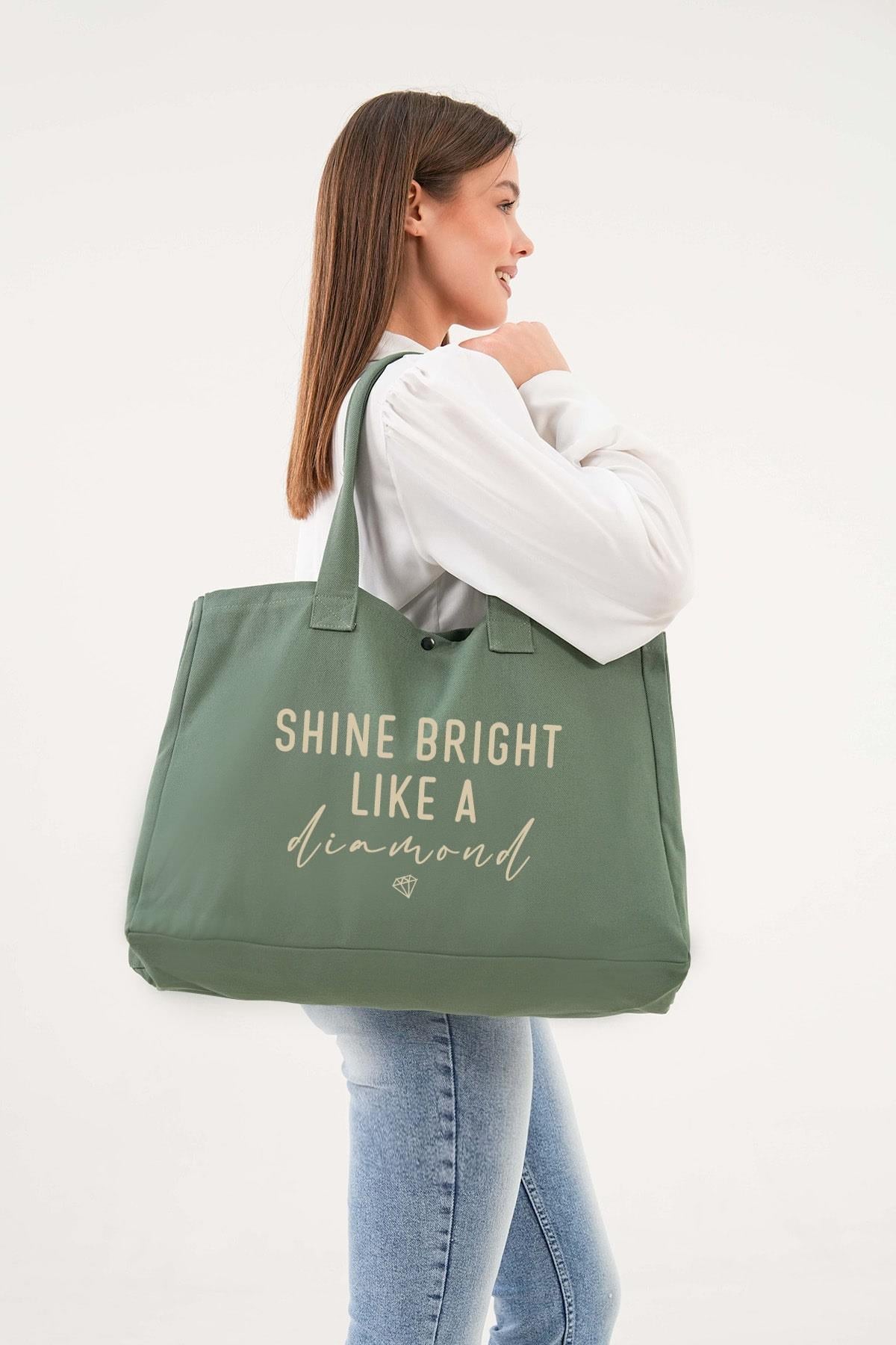 Cotton shopper bag "Shine Bright Like a Diamond" – green, large, practical. 