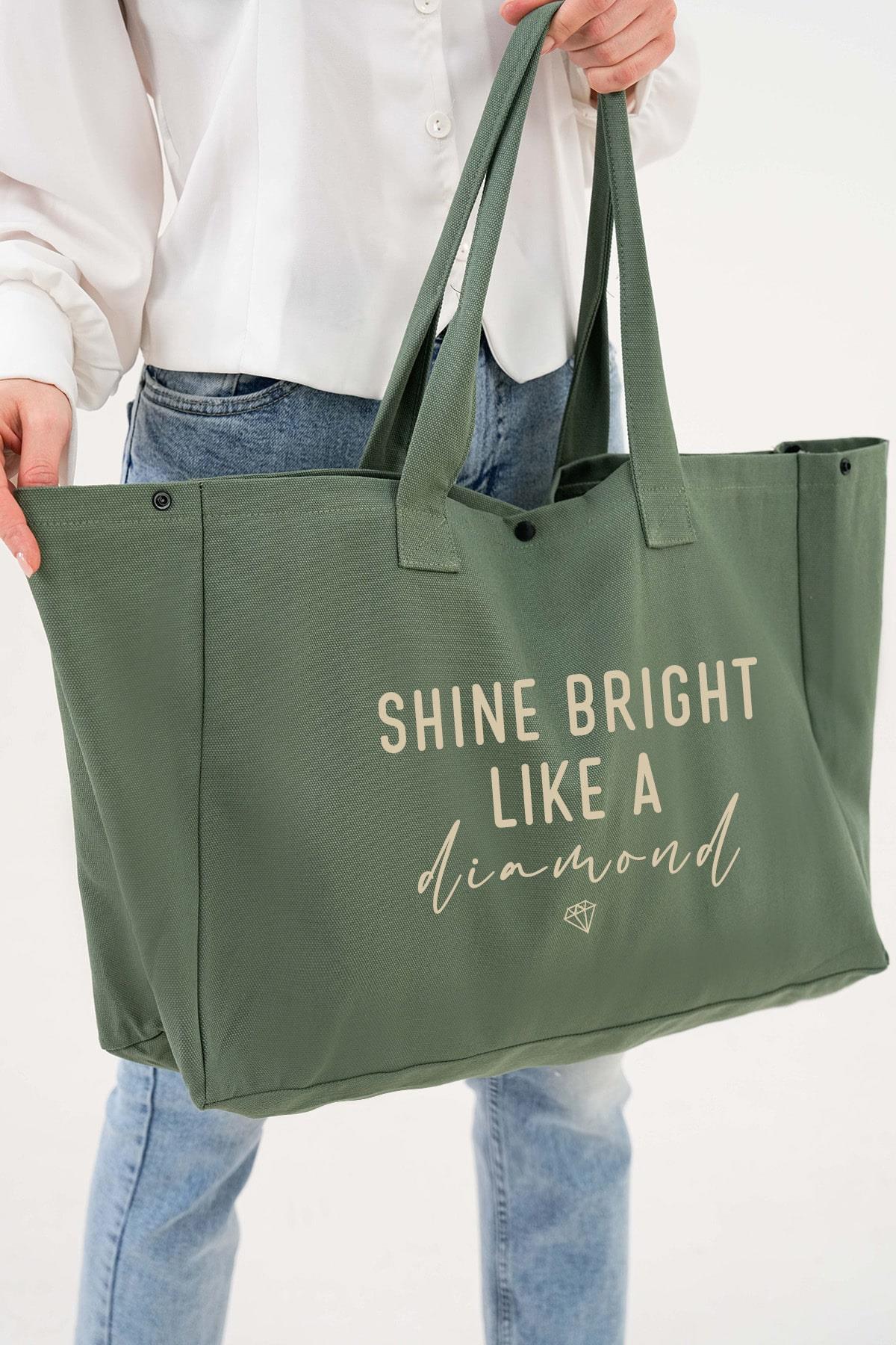 Cotton shopper bag "Shine Bright Like a Diamond" – green, large, practical. 