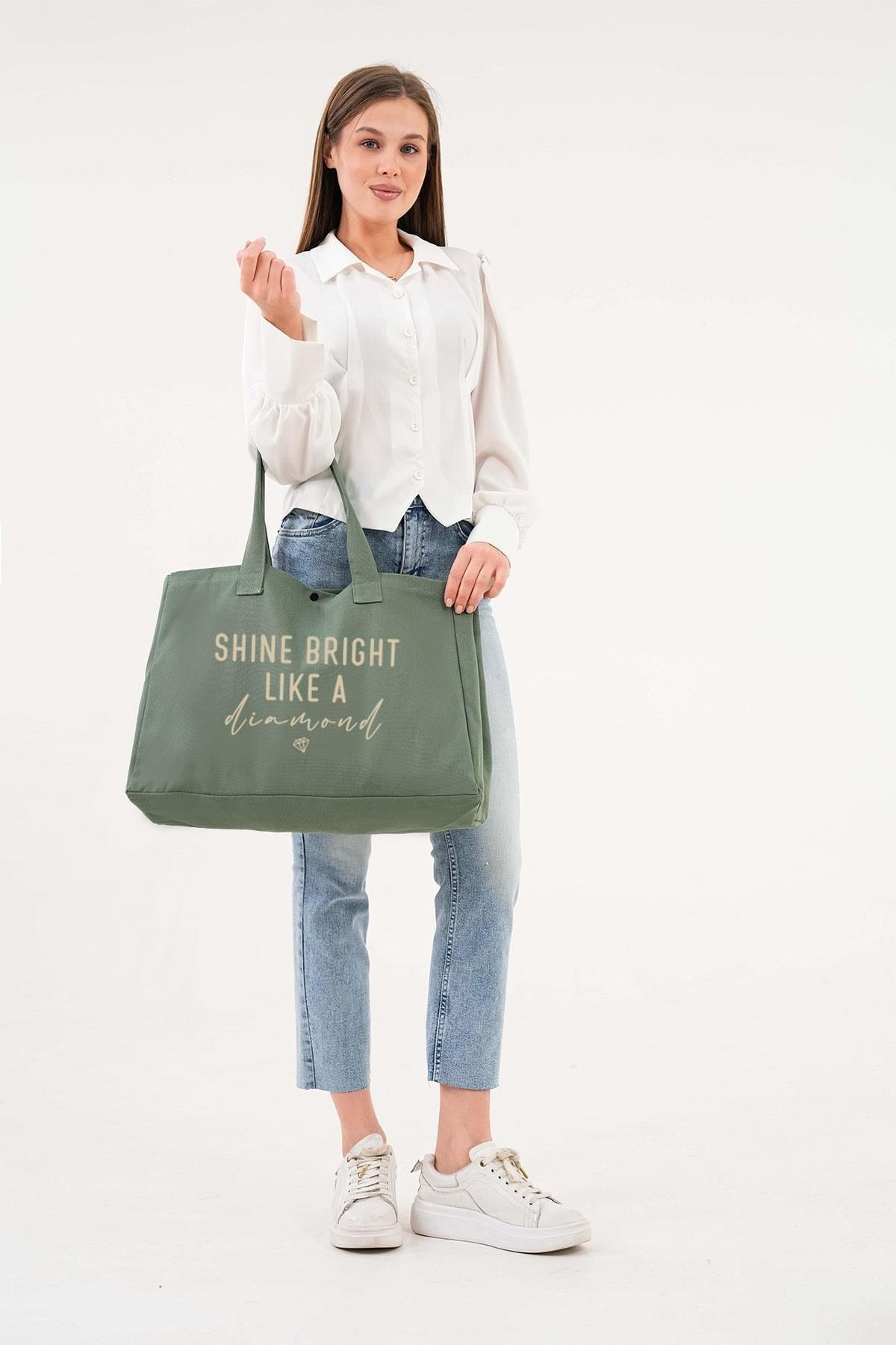 Cotton shopper bag "Shine Bright Like a Diamond" – green, large, practical. 