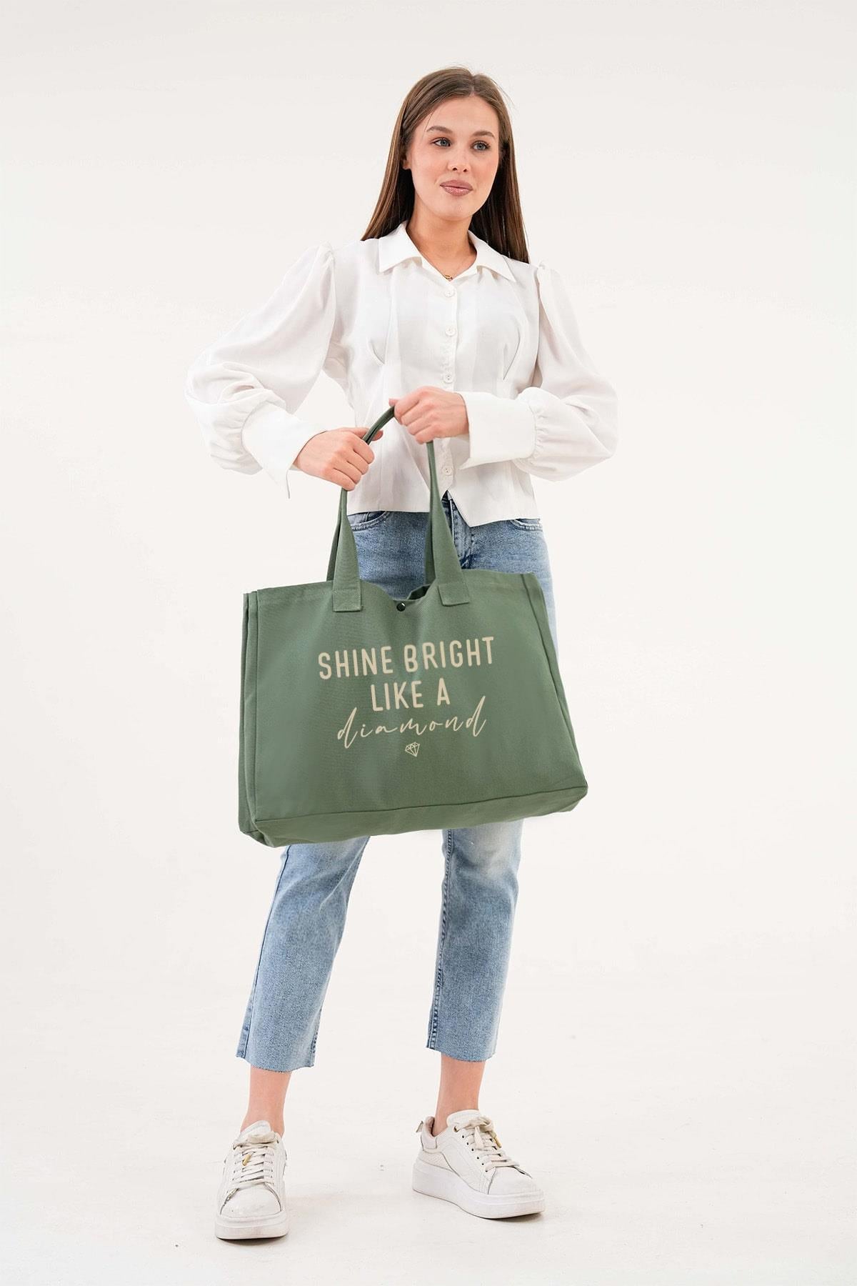 Cotton shopper bag "Shine Bright Like a Diamond" – green, large, practical. 