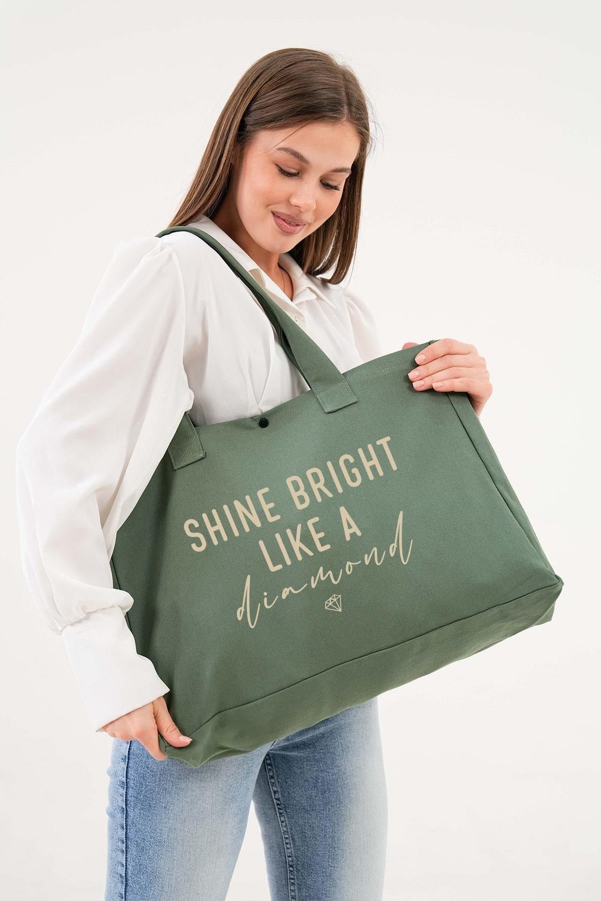 Cotton shopper bag "Shine Bright Like a Diamond" – green, large, practical. 