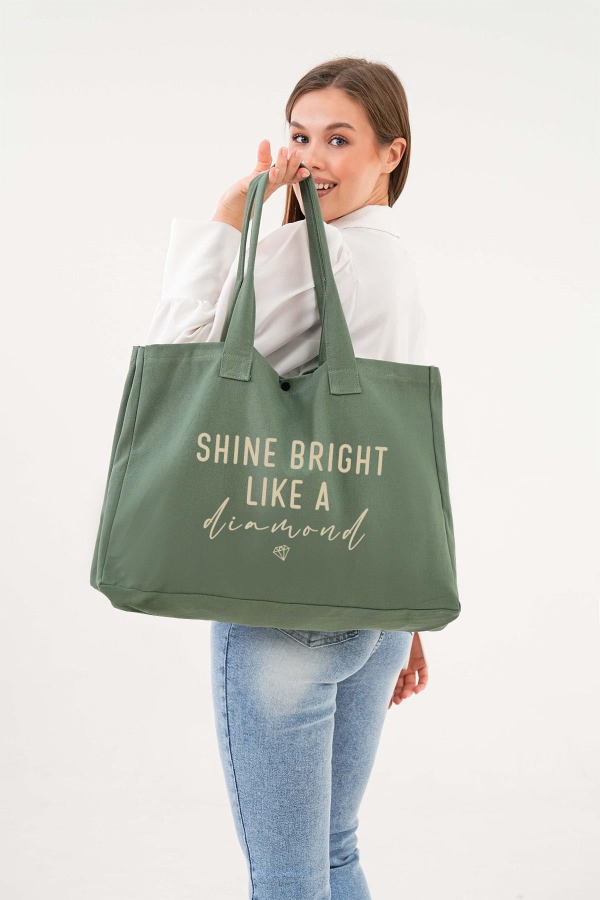 Cotton shopper bag "Shine Bright Like a Diamond" – green, large, practical. 