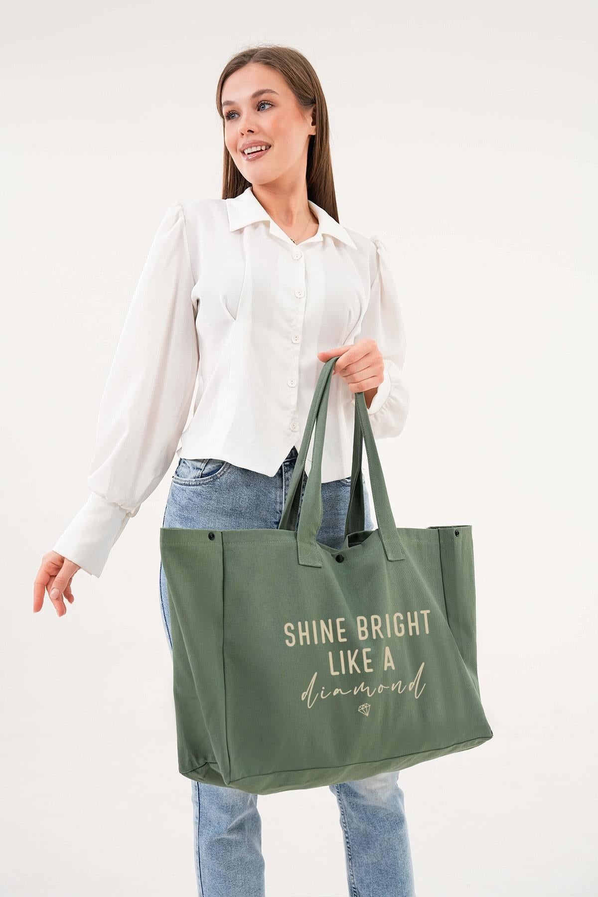 Cotton shopper bag "Shine Bright Like a Diamond" – green, large, practical. 