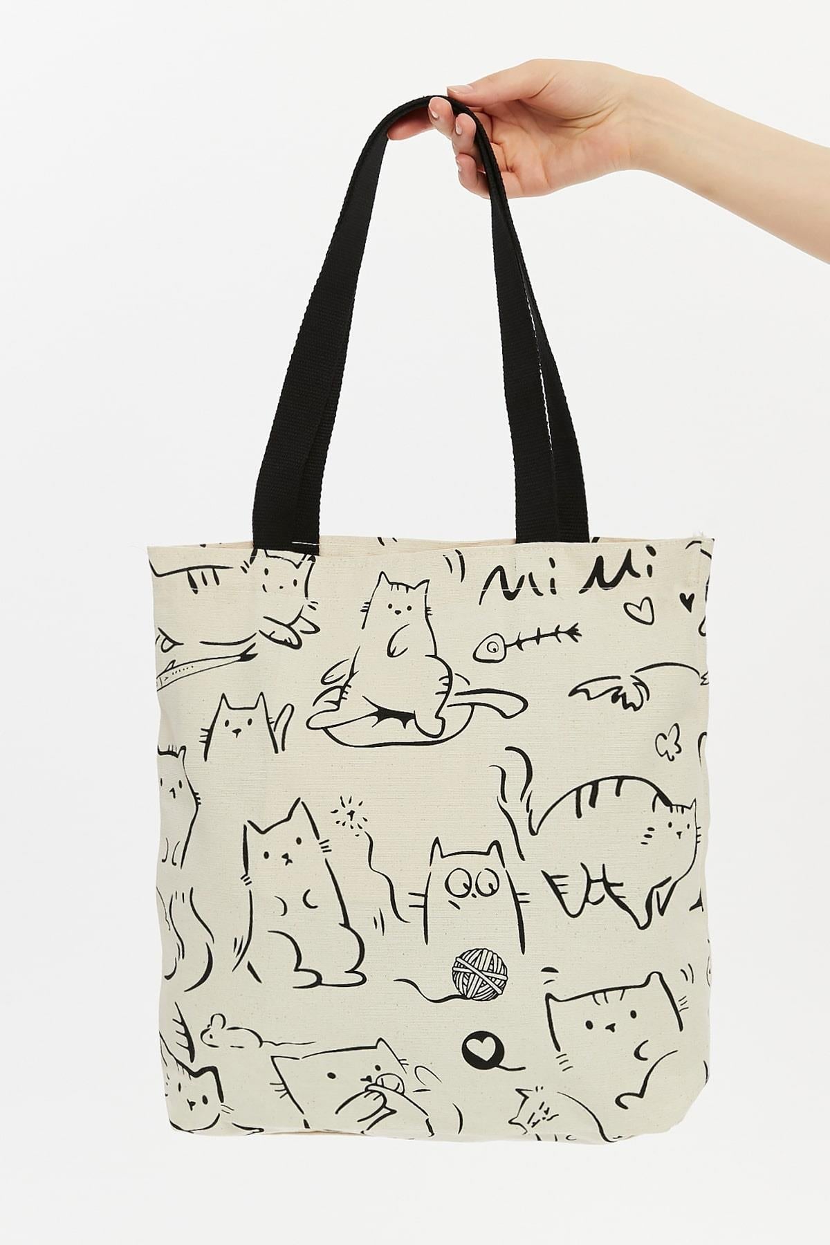 Cotton shoulder shopper bag with a cat motif, stylish, spacious, zippered, for everyday use, for shopping. 