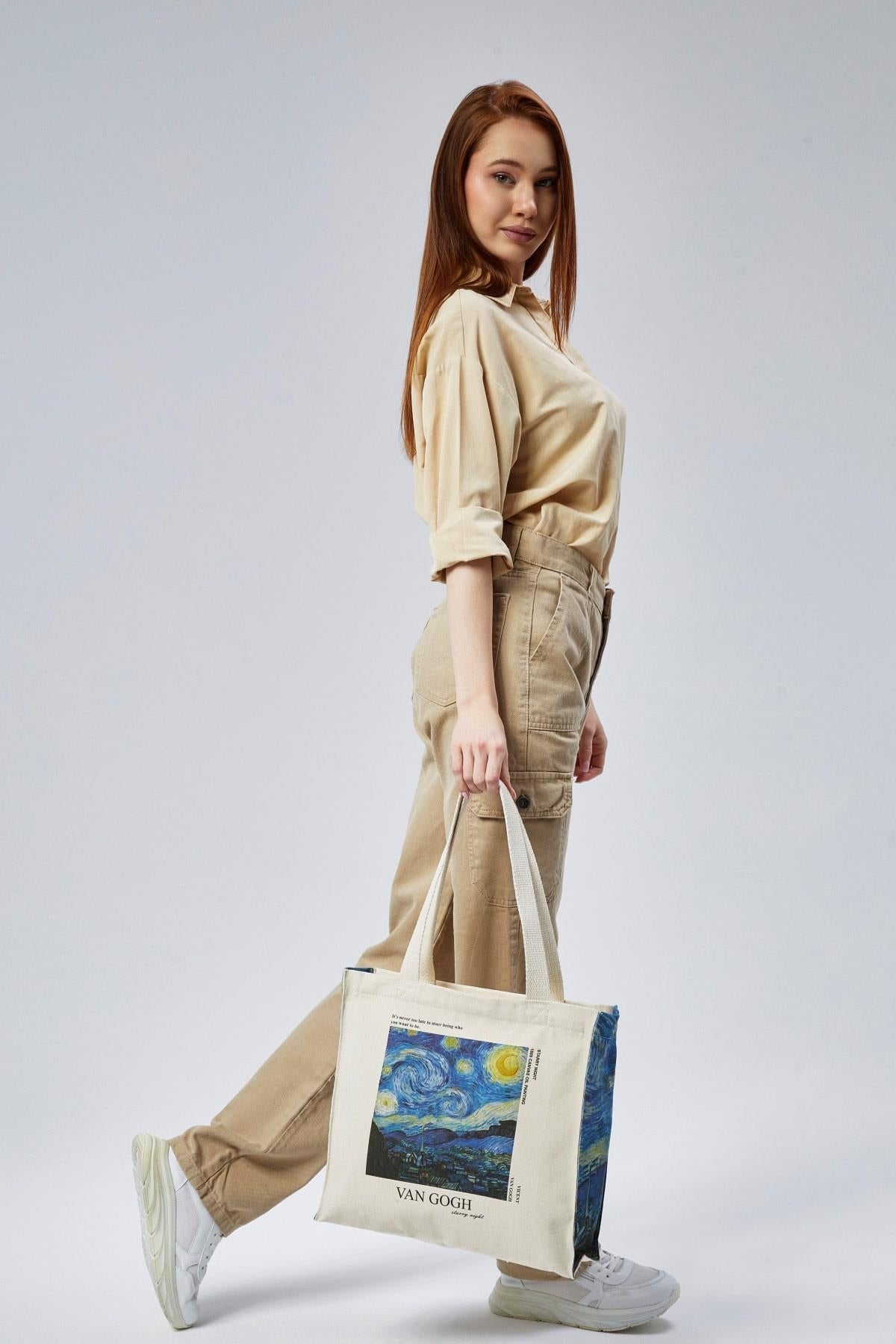 Cotton shoulder bag, zippered, spacious, Vincent Van Gogh - "Starry Night" 