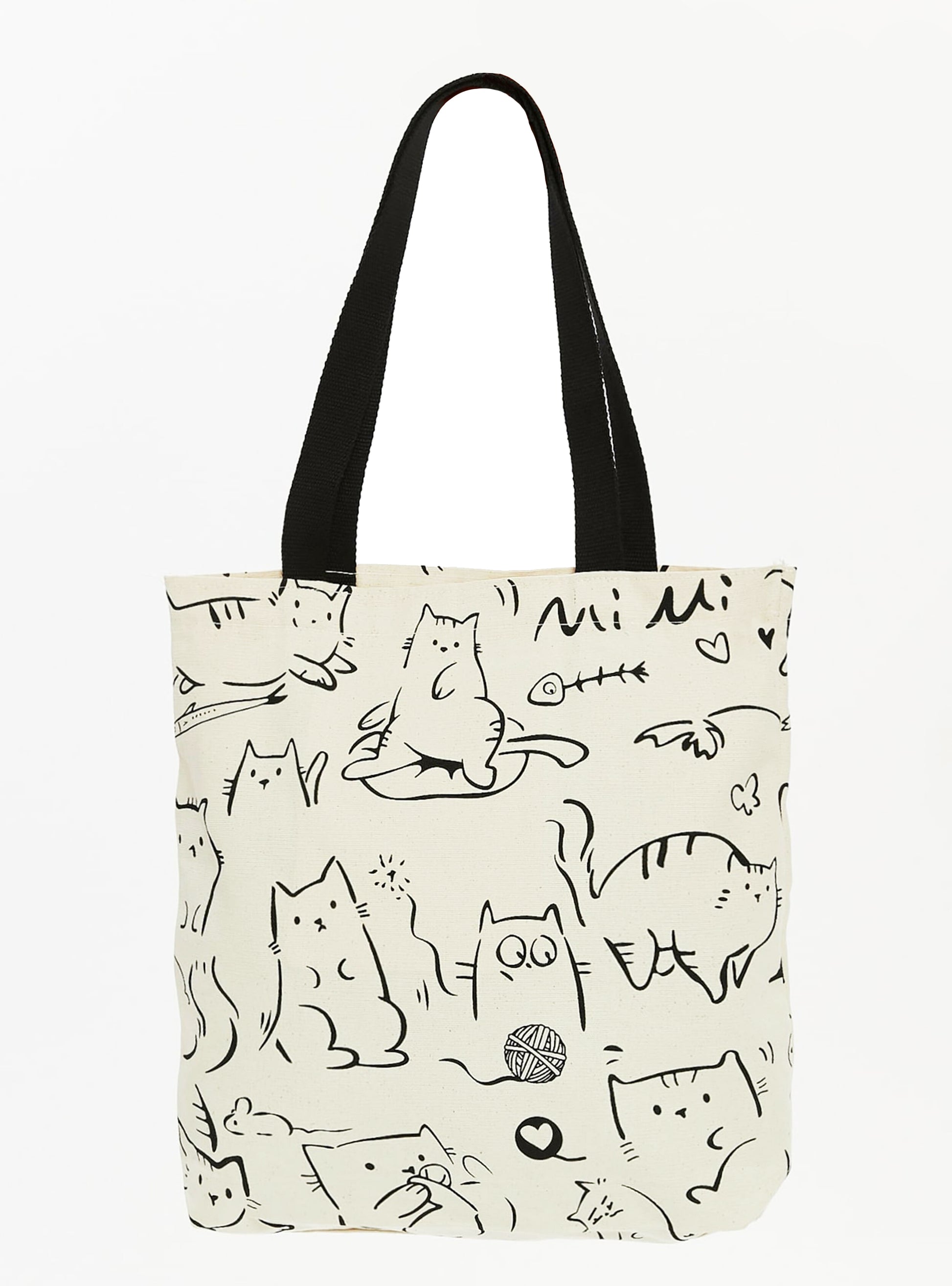 Cotton shoulder shopper bag with a cat motif, stylish, spacious, zippered, for everyday use, for shopping. 