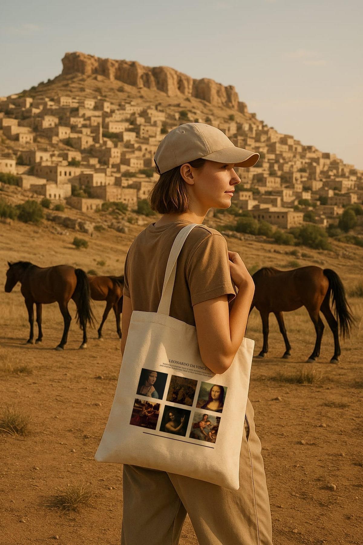 Cotton shoulder bag, Shopper type, stylish, spacious Leonardo Da Vinci, for shopping, everyday use. 