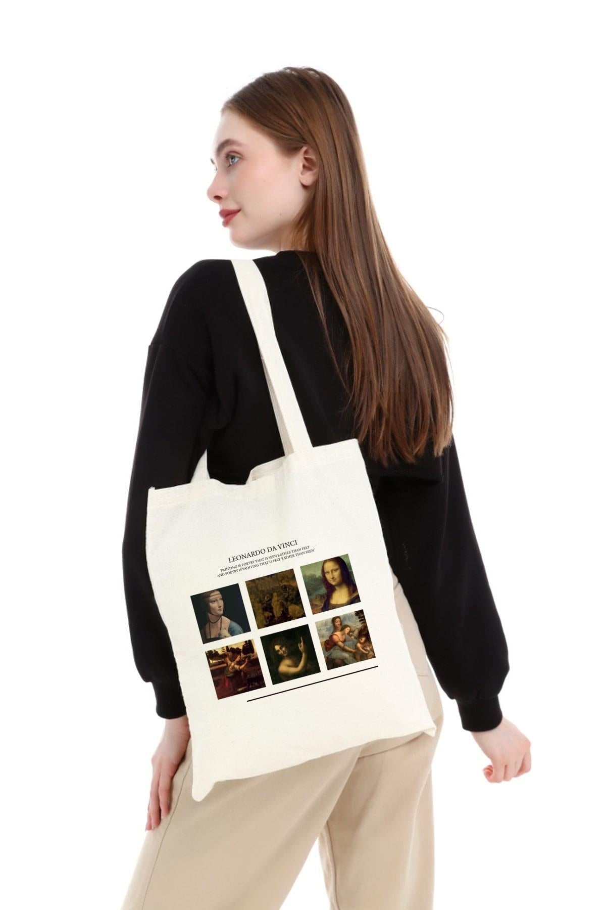 Cotton shoulder bag, Shopper type, stylish, spacious Leonardo Da Vinci, for shopping, everyday use. 