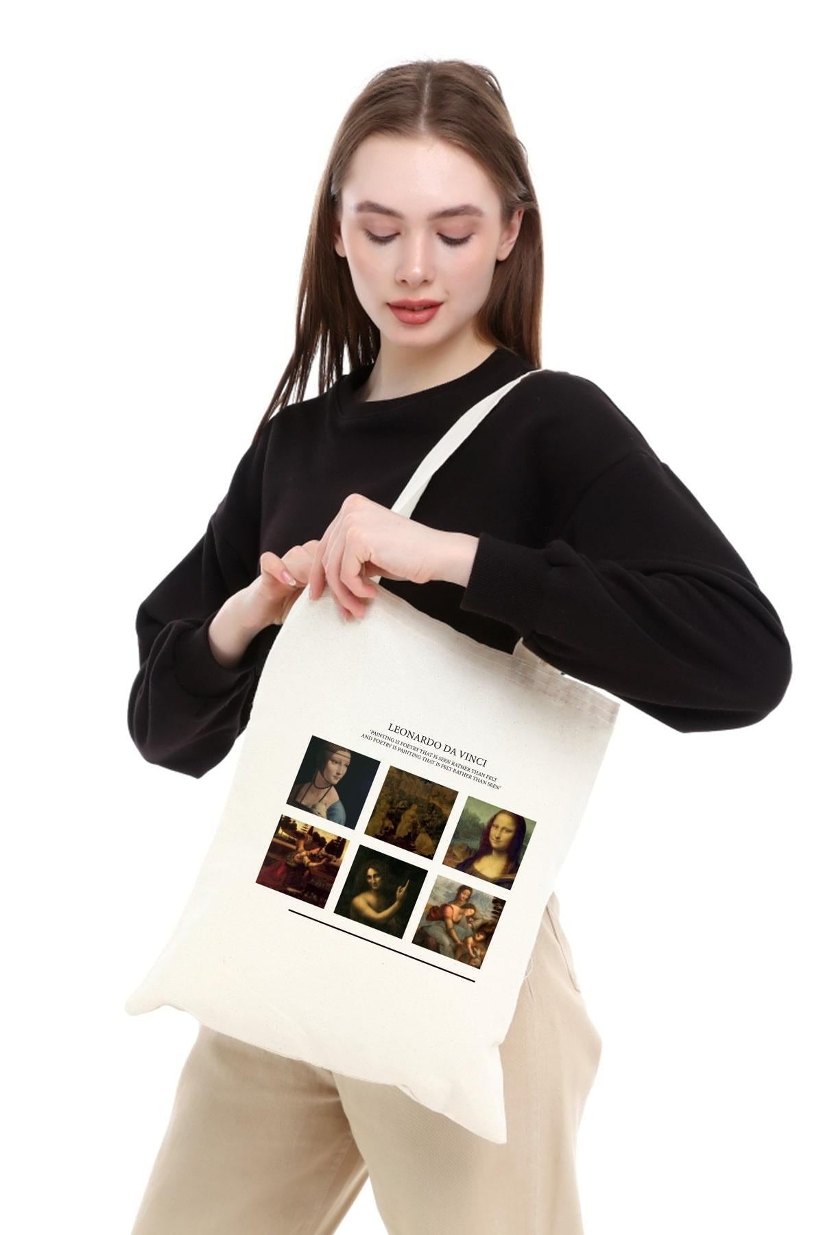 Cotton shoulder bag, Shopper type, stylish, spacious Leonardo Da Vinci, for shopping, everyday use. 