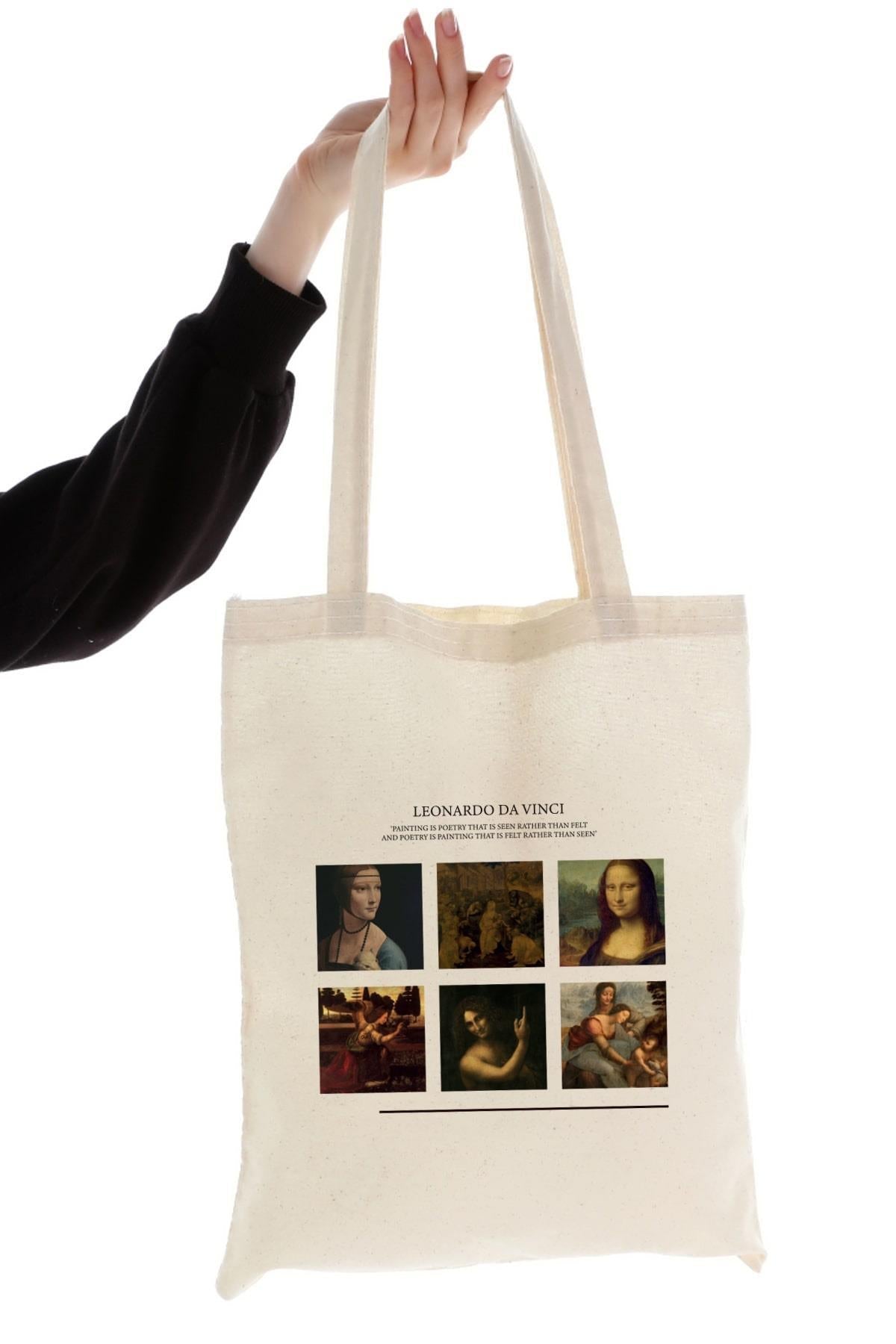 Cotton shoulder bag, Shopper type, stylish, spacious Leonardo Da Vinci, for shopping, everyday use. 