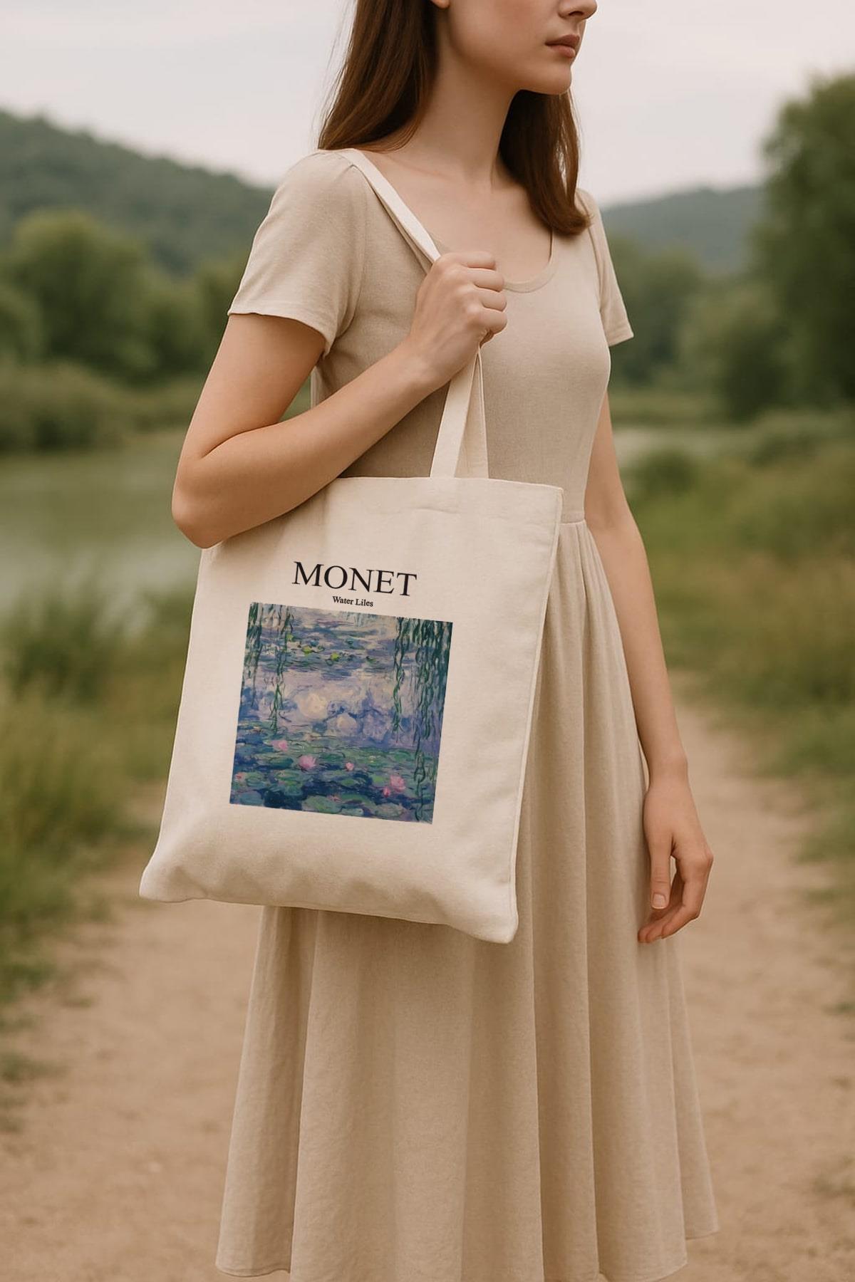 Cotton shoulder bag, Shopper type, stylish, Water Lilies, Monet, for shopping, for school, spacious. 