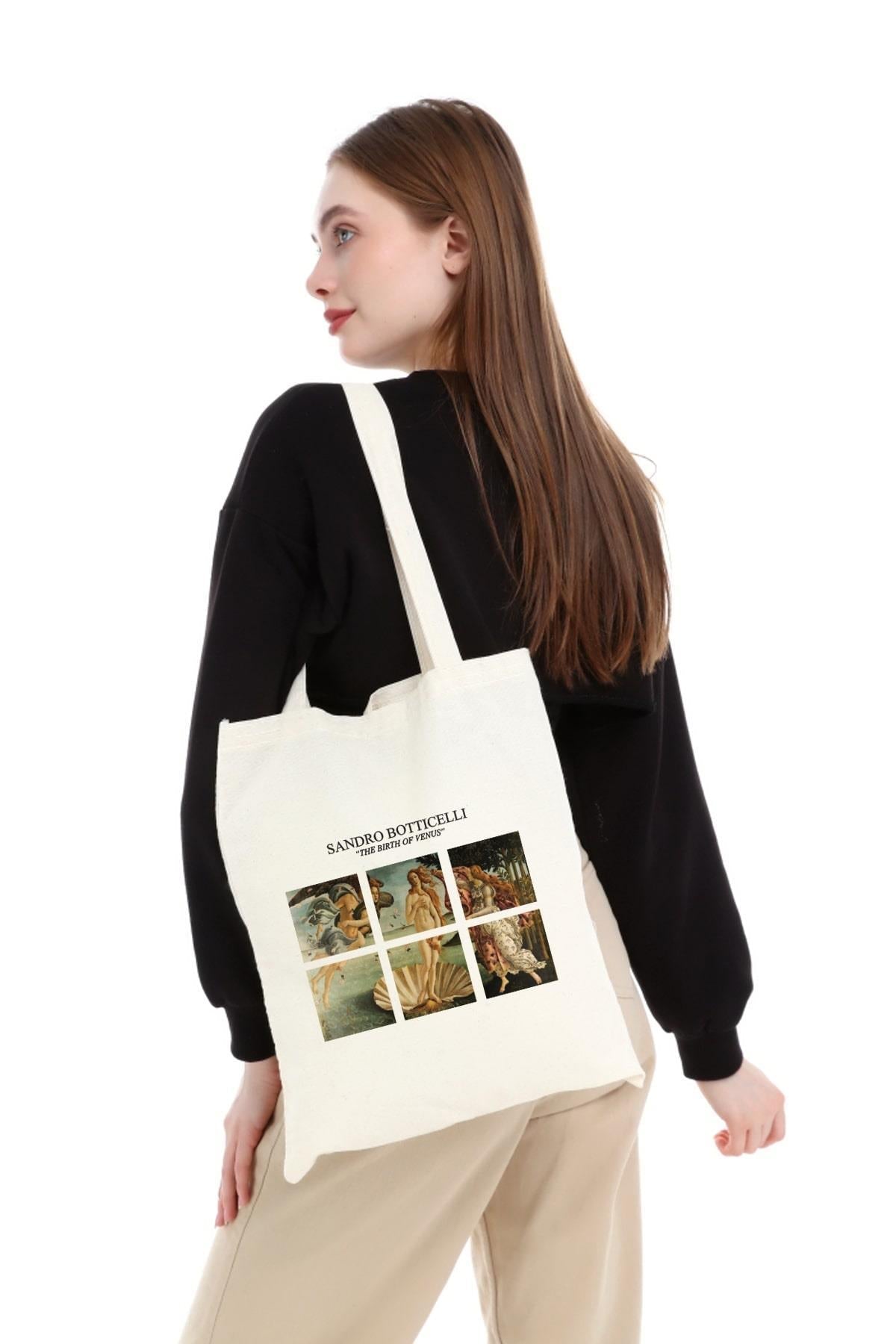 Cotton shoulder bag, shopper type, stylish, spacious, Sandro Botticelli "The Birth of Venus". 