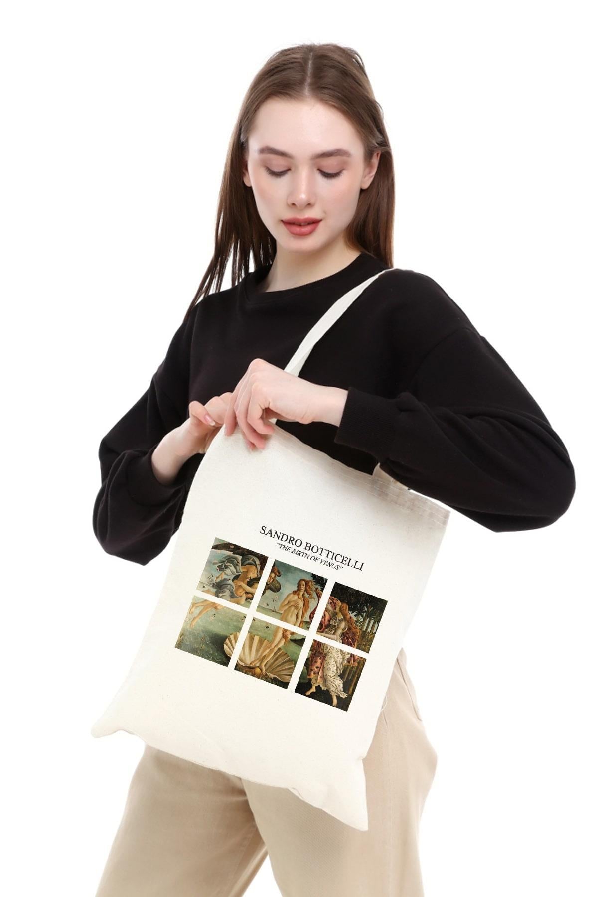 Cotton shoulder bag, shopper type, stylish, spacious, Sandro Botticelli "The Birth of Venus". 